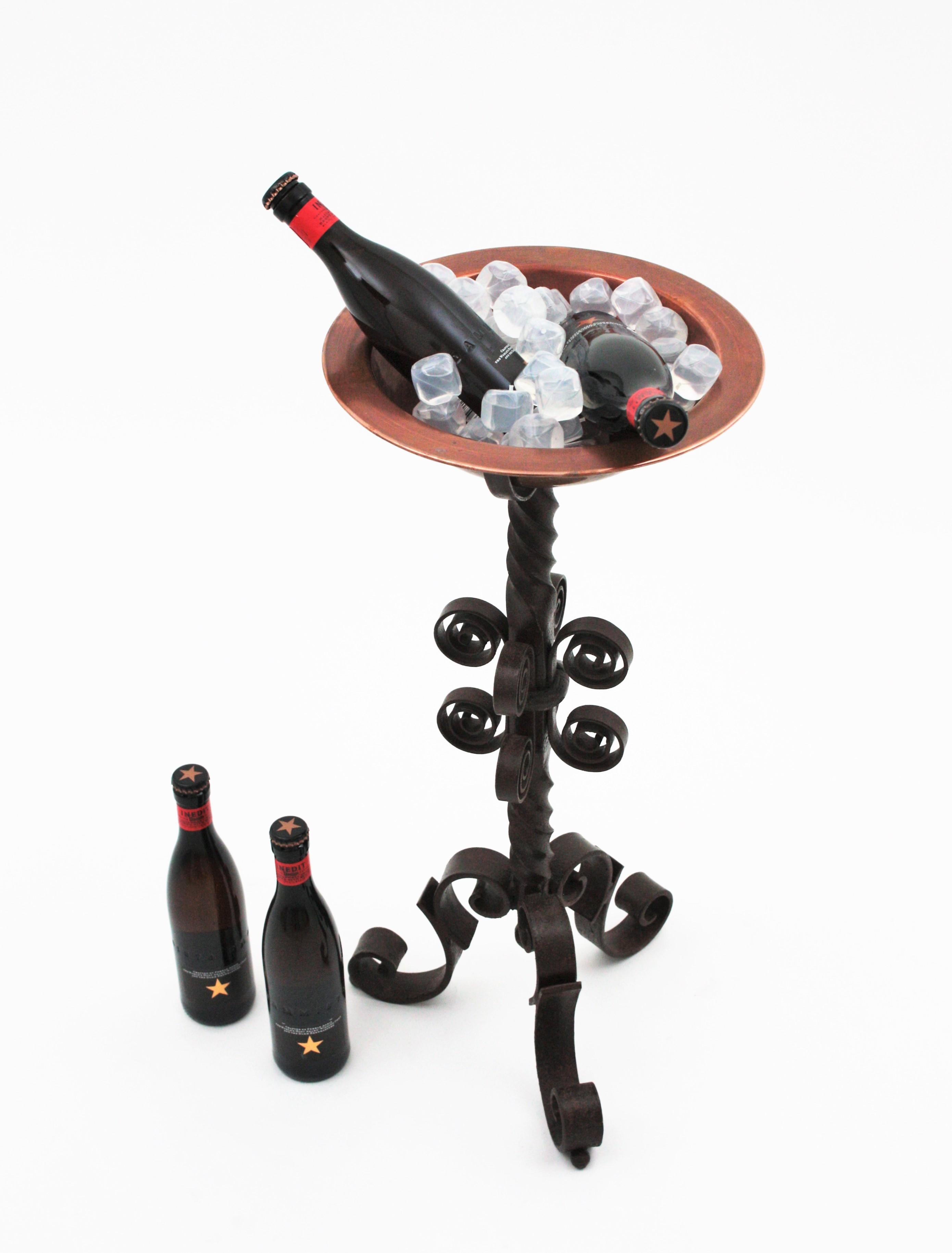 20th Century Spanish Champagne Wine Cooler on Stand, Copper and Wrought Iron For Sale