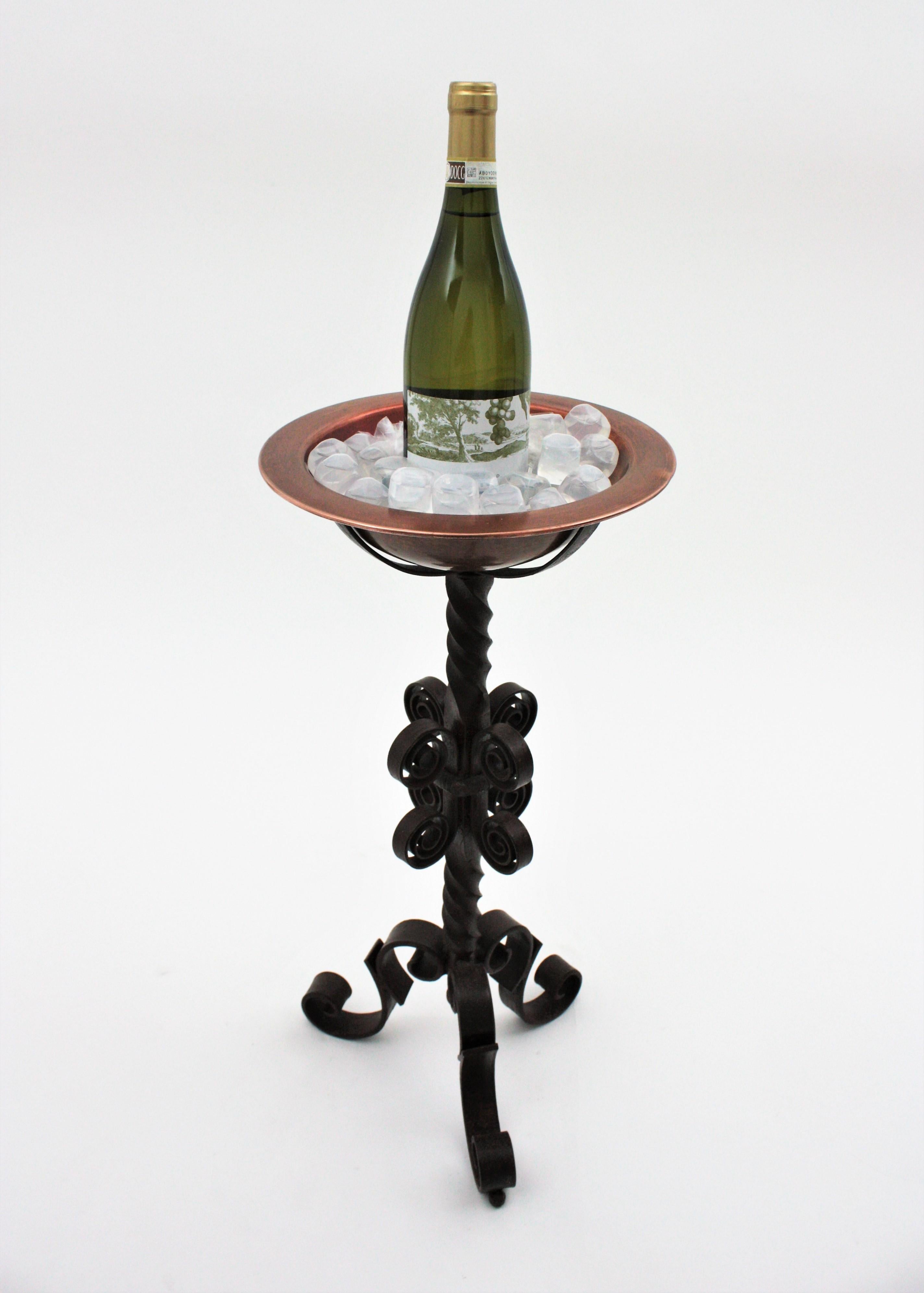 Spanish Champagne Wine Cooler on Stand, Copper and Wrought Iron For Sale 3