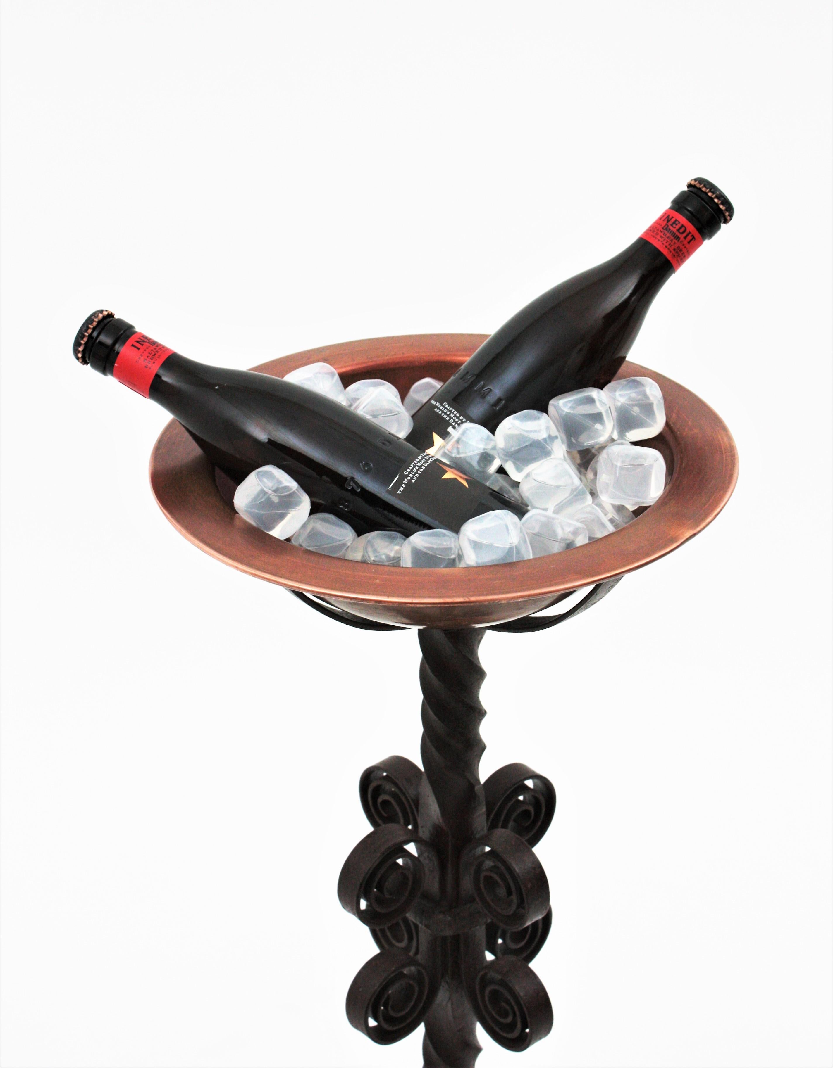 Spanish Champagne Wine Cooler on Stand, Copper and Wrought Iron For Sale 4