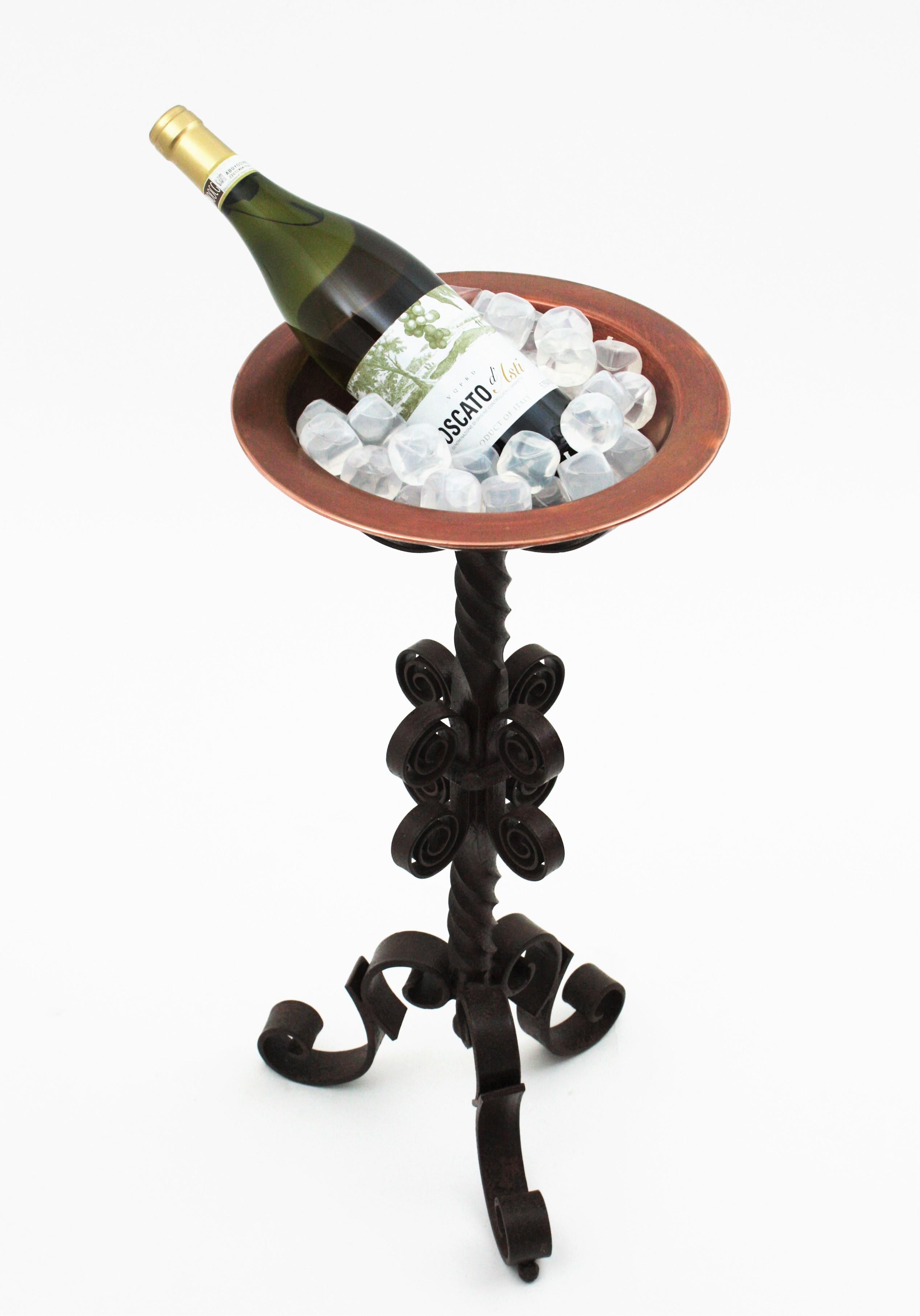Forged Spanish Champagne Wine Cooler on Stand, Copper and Wrought Iron For Sale
