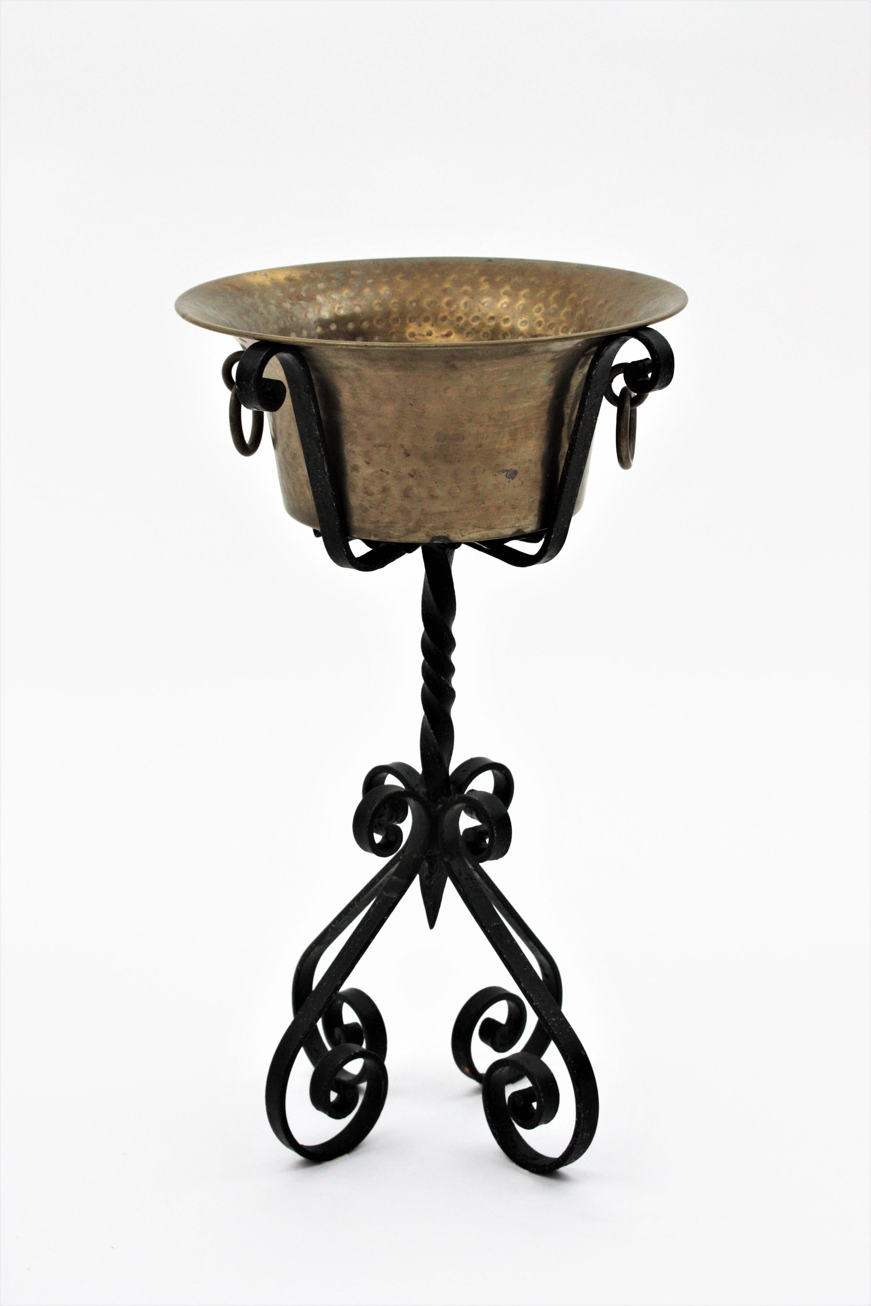 Wrought Iron and Brass Champagne Wine Cooler Standing Ice Bucket For Sale 1