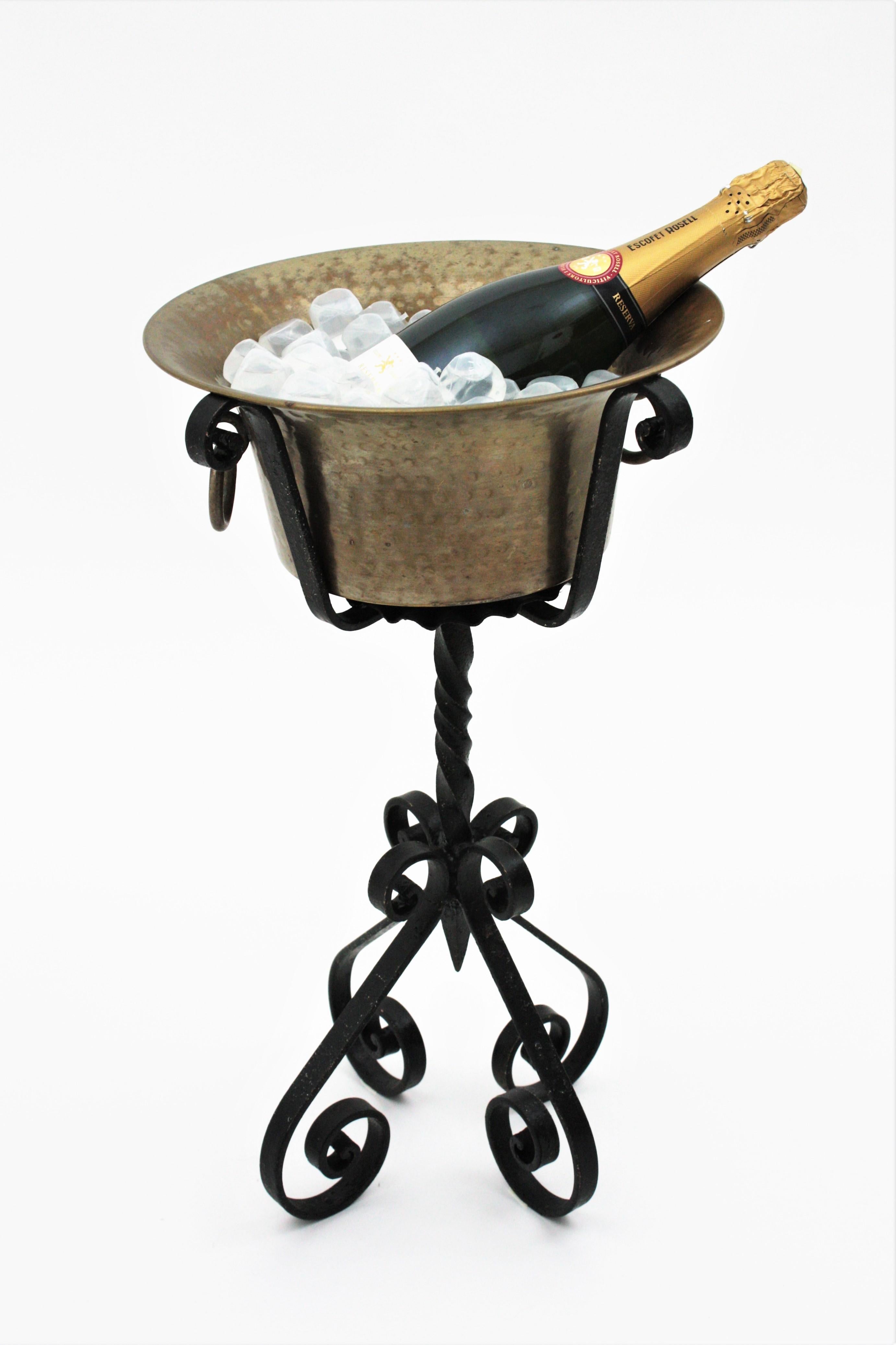 Wrought Iron and Brass Champagne Wine Cooler Standing Ice Bucket For Sale 7