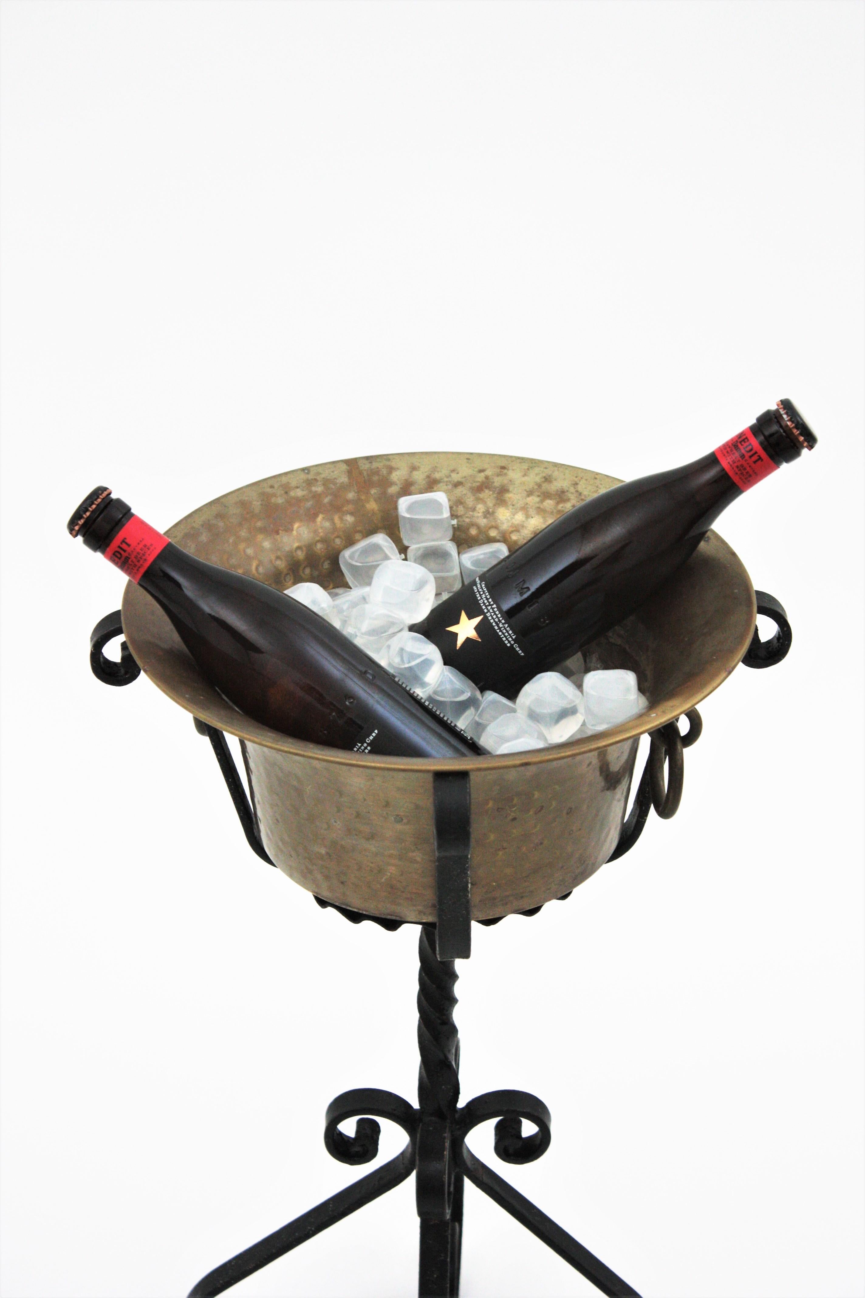 Spanish Wrought Iron and Brass Champagne Wine Cooler Standing Ice Bucket For Sale