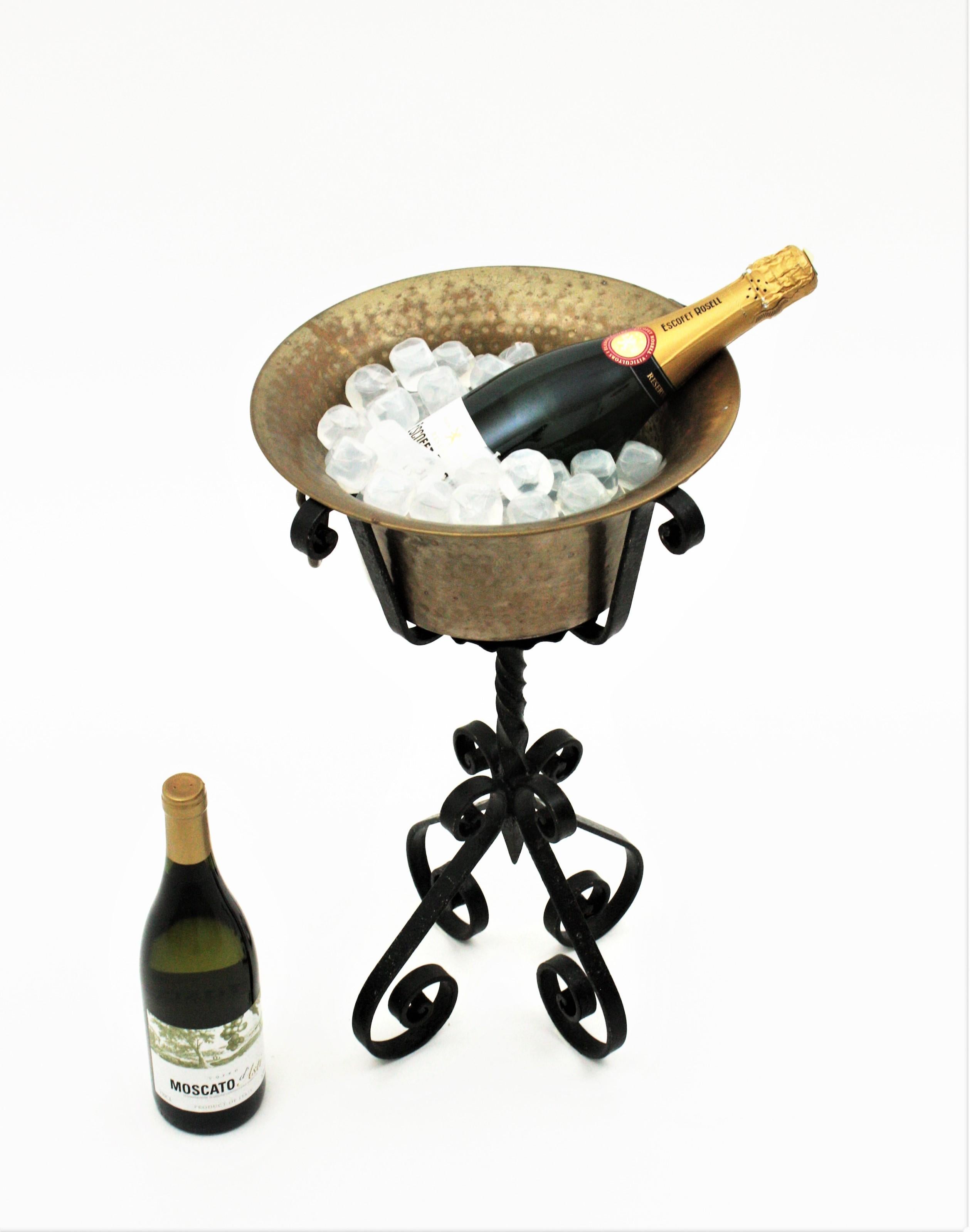 Hammered Wrought Iron and Brass Champagne Wine Cooler Standing Ice Bucket For Sale
