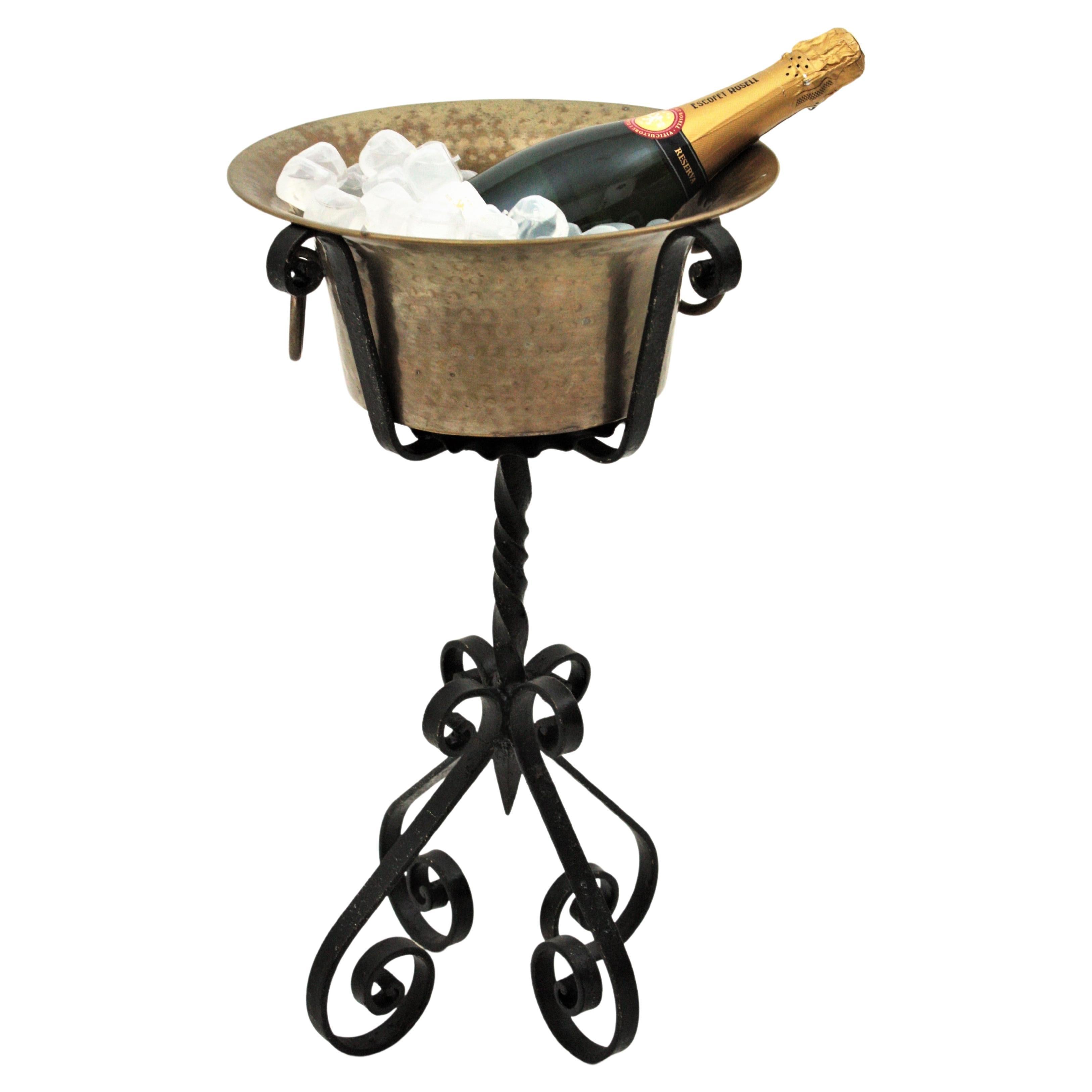 Wrought Iron and Brass Champagne Wine Cooler Standing Ice Bucket For Sale