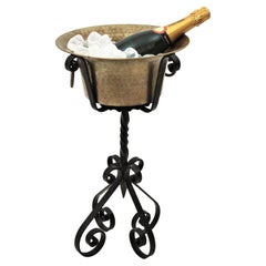 Vintage Wrought Iron and Brass Champagne Wine Cooler Standing Ice Bucket