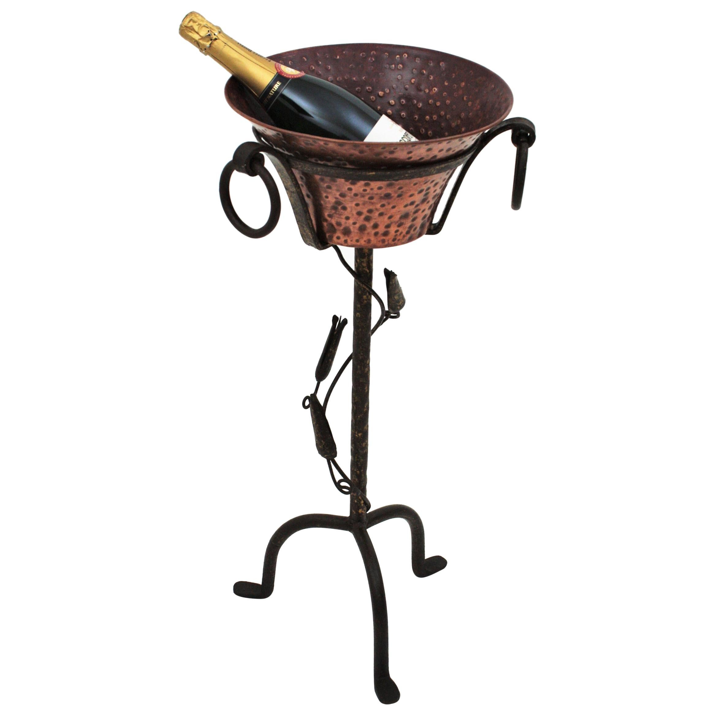 Champagne or Wine Cooler Stand Serving Bucket in Hand Forged Iron and Copper