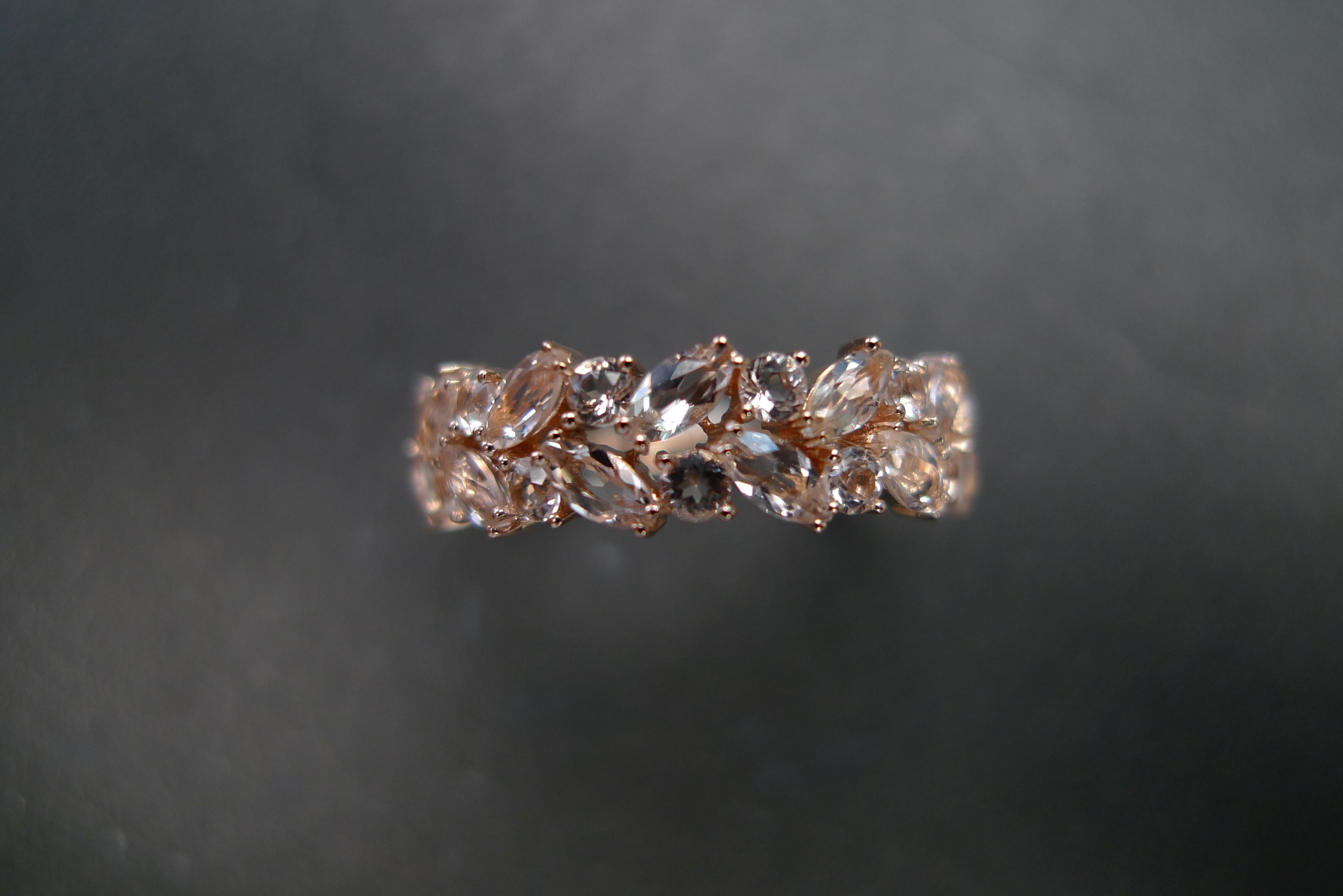 For Sale:  Champagne Peach Marquise Morganite Unique Half Eternity Wedding Ring Rose Gold 5