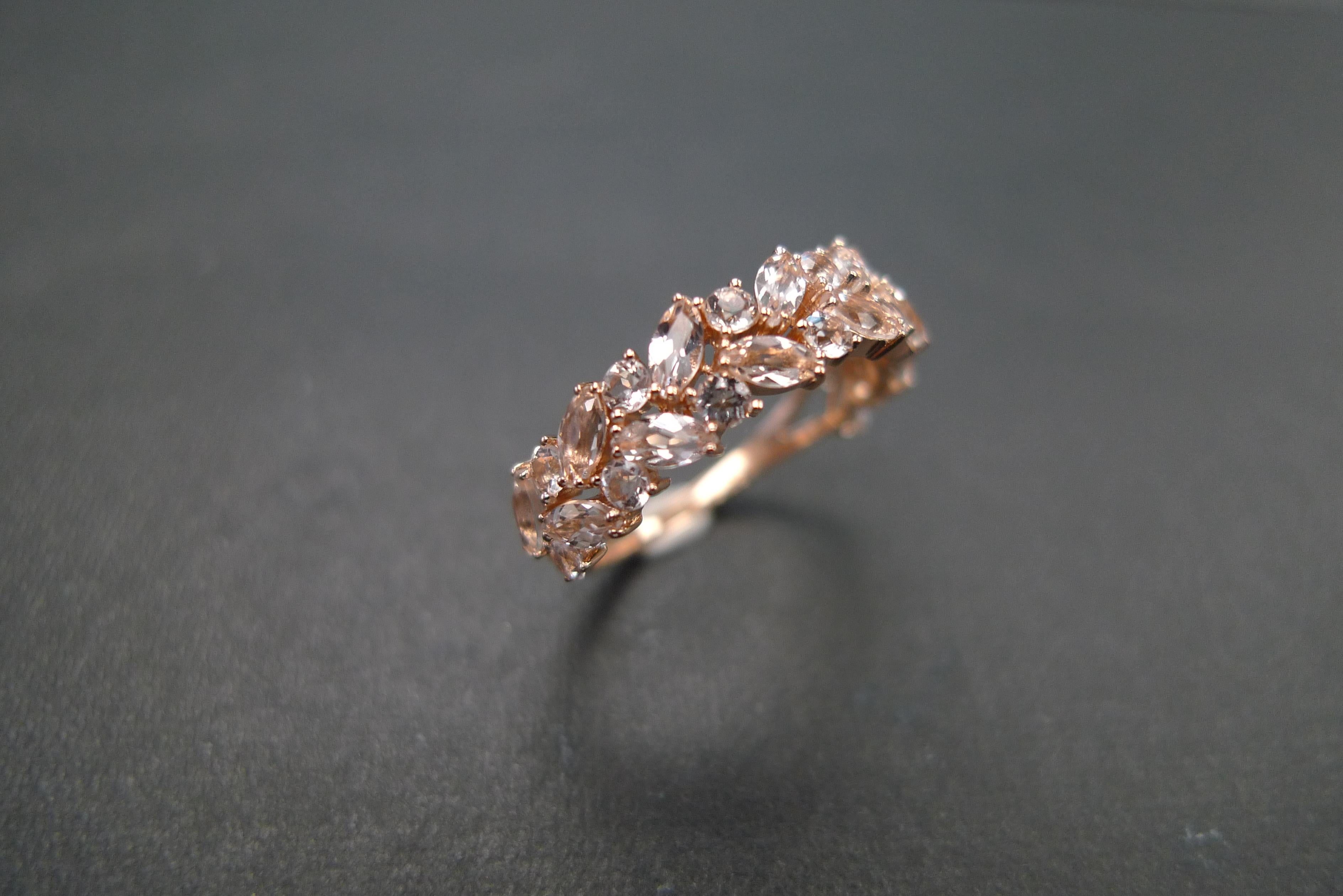 For Sale:  Champagne Peach Marquise Morganite Unique Half Eternity Wedding Ring Rose Gold 7