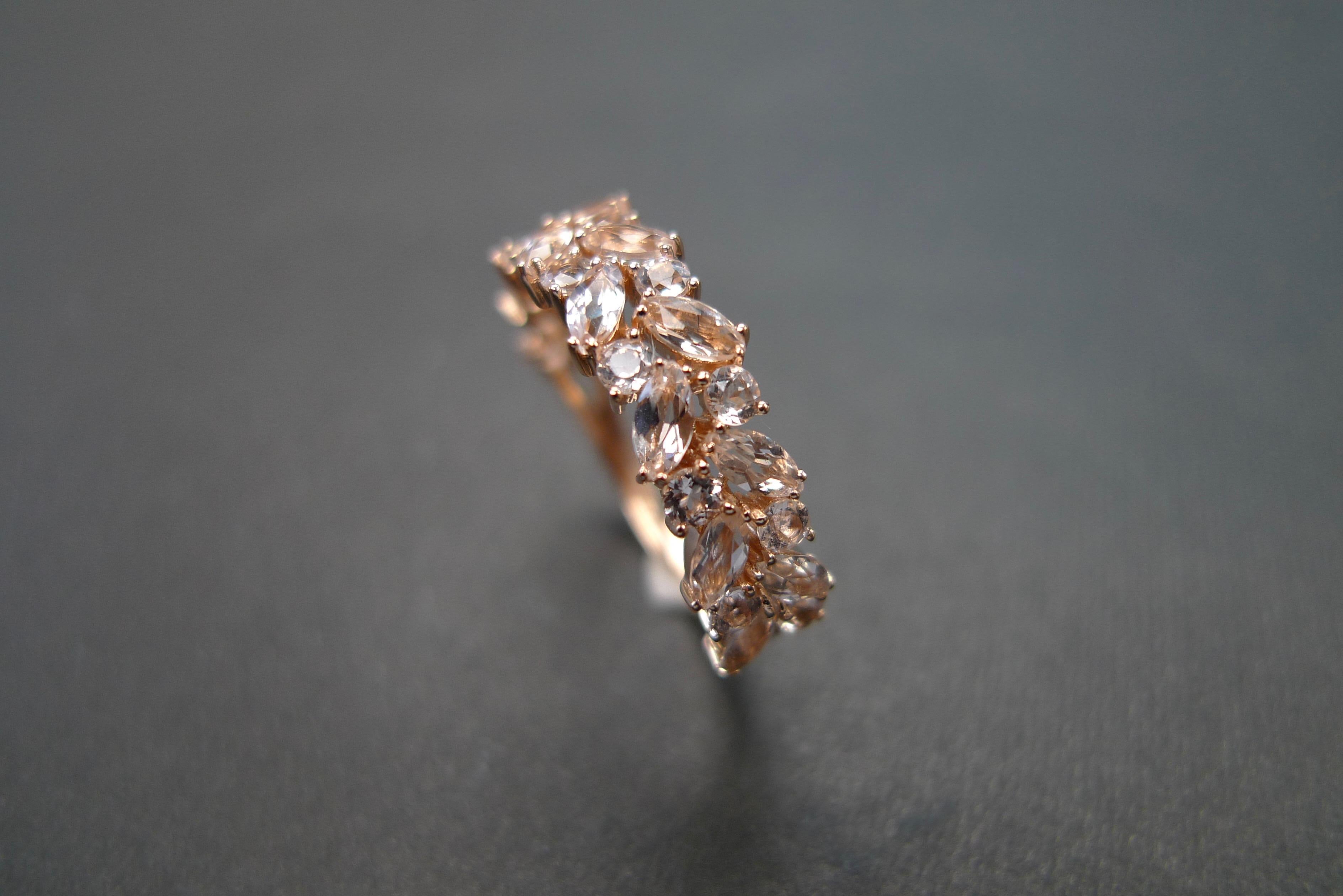 For Sale:  Champagne Peach Marquise Morganite Unique Half Eternity Wedding Ring Rose Gold 8