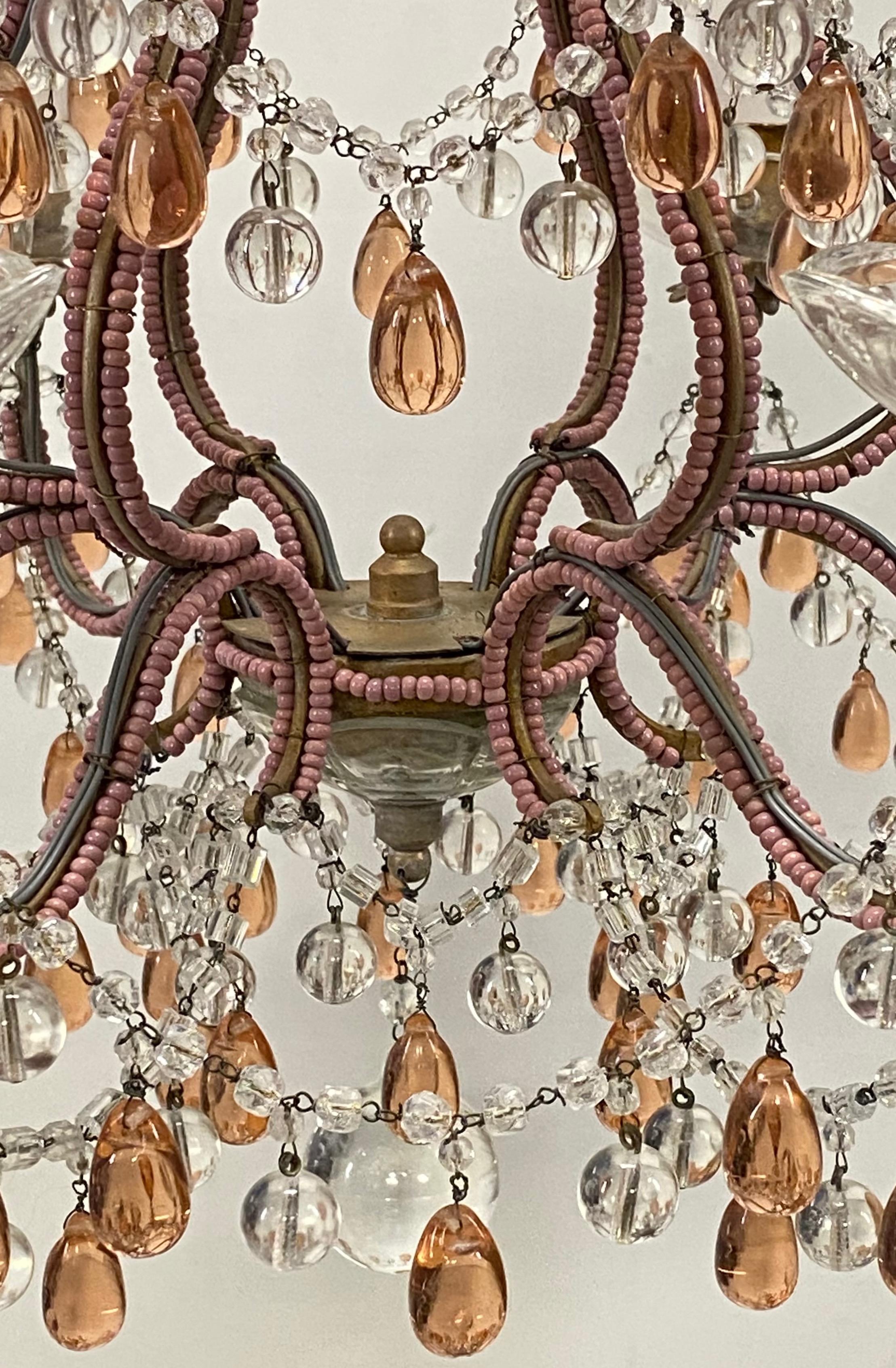 Hollywood Regency Champagne Pink Beaded Crystal and Glass Chandelier, Italy, circa 1950