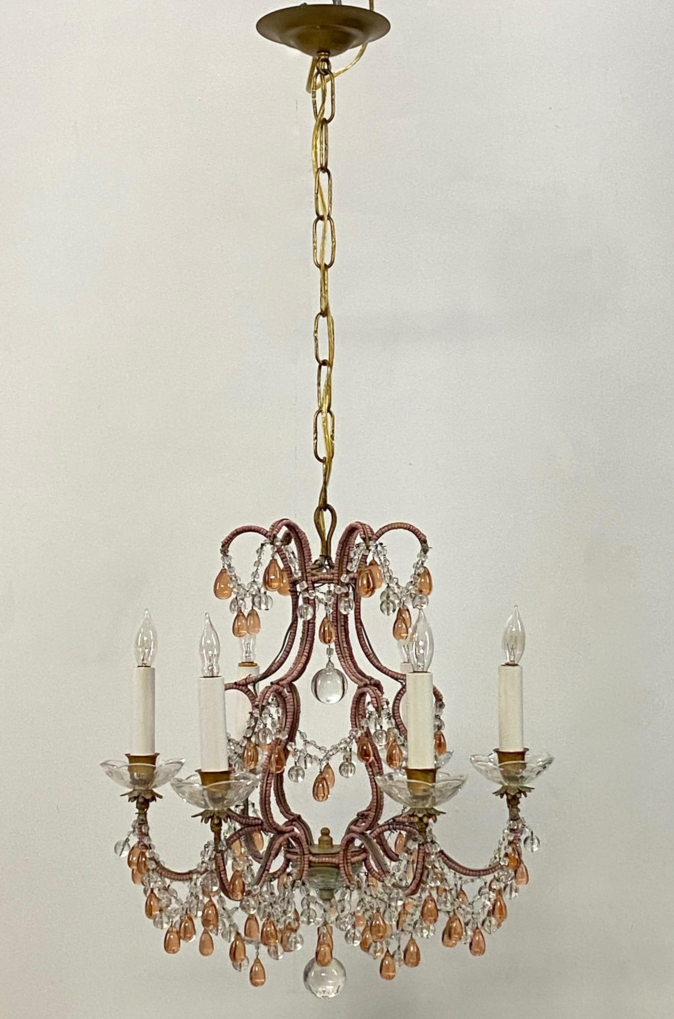 Italian Champagne Pink Beaded Crystal and Glass Chandelier, Italy, circa 1950