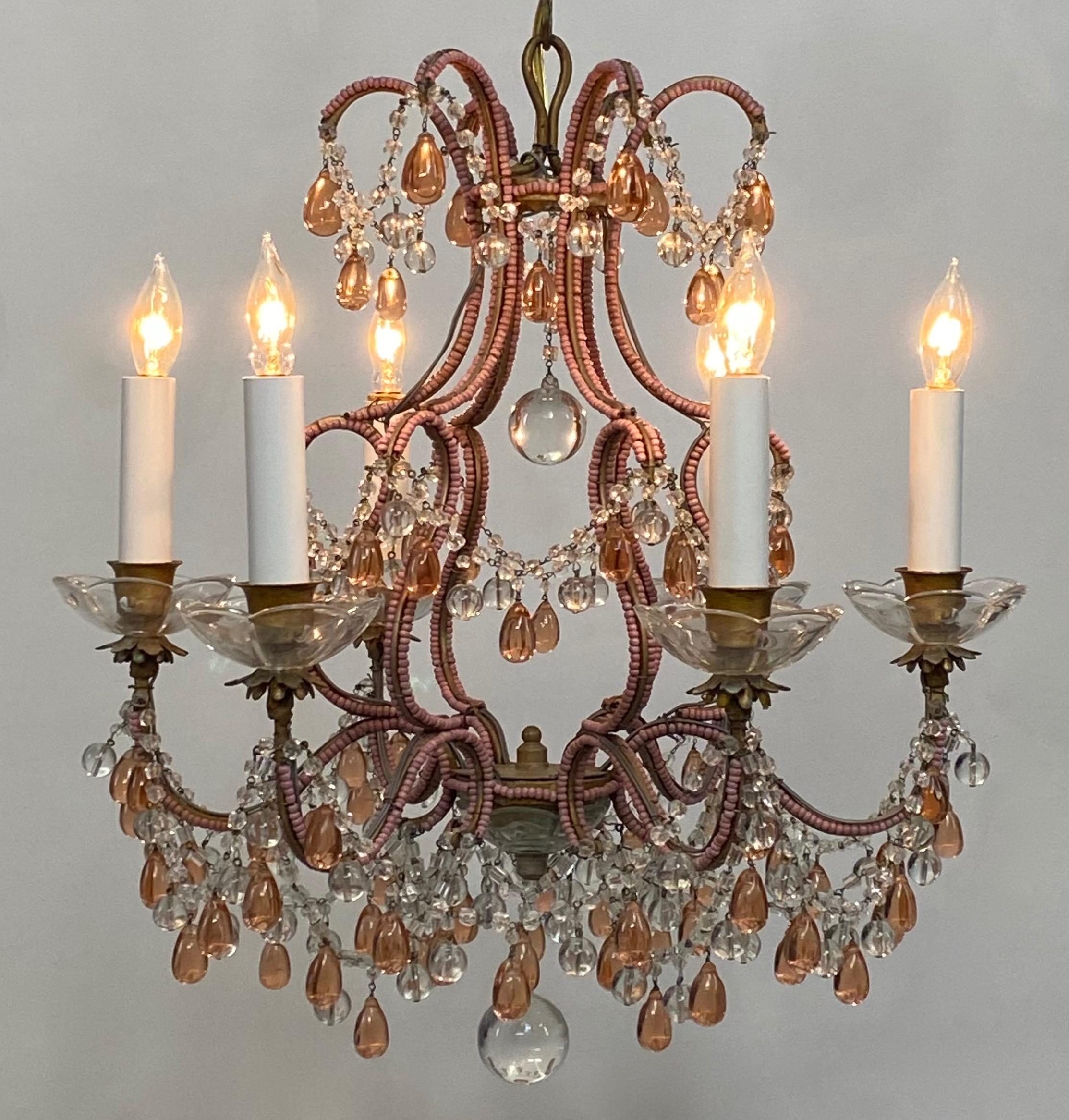 Champagne Pink Beaded Crystal and Glass Chandelier, Italy, circa 1950 In Good Condition In San Francisco, CA