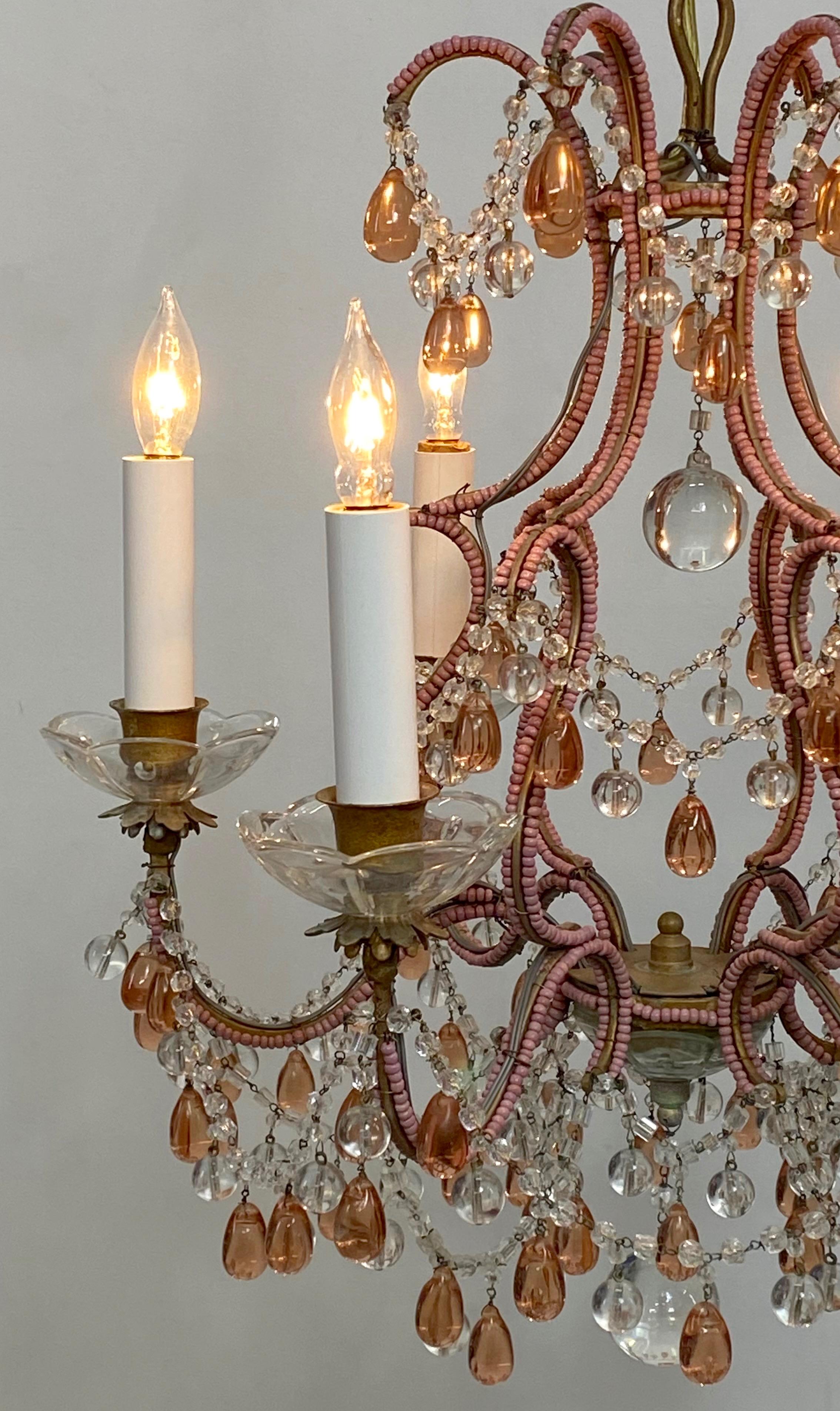 20th Century Champagne Pink Beaded Crystal and Glass Chandelier, Italy, circa 1950