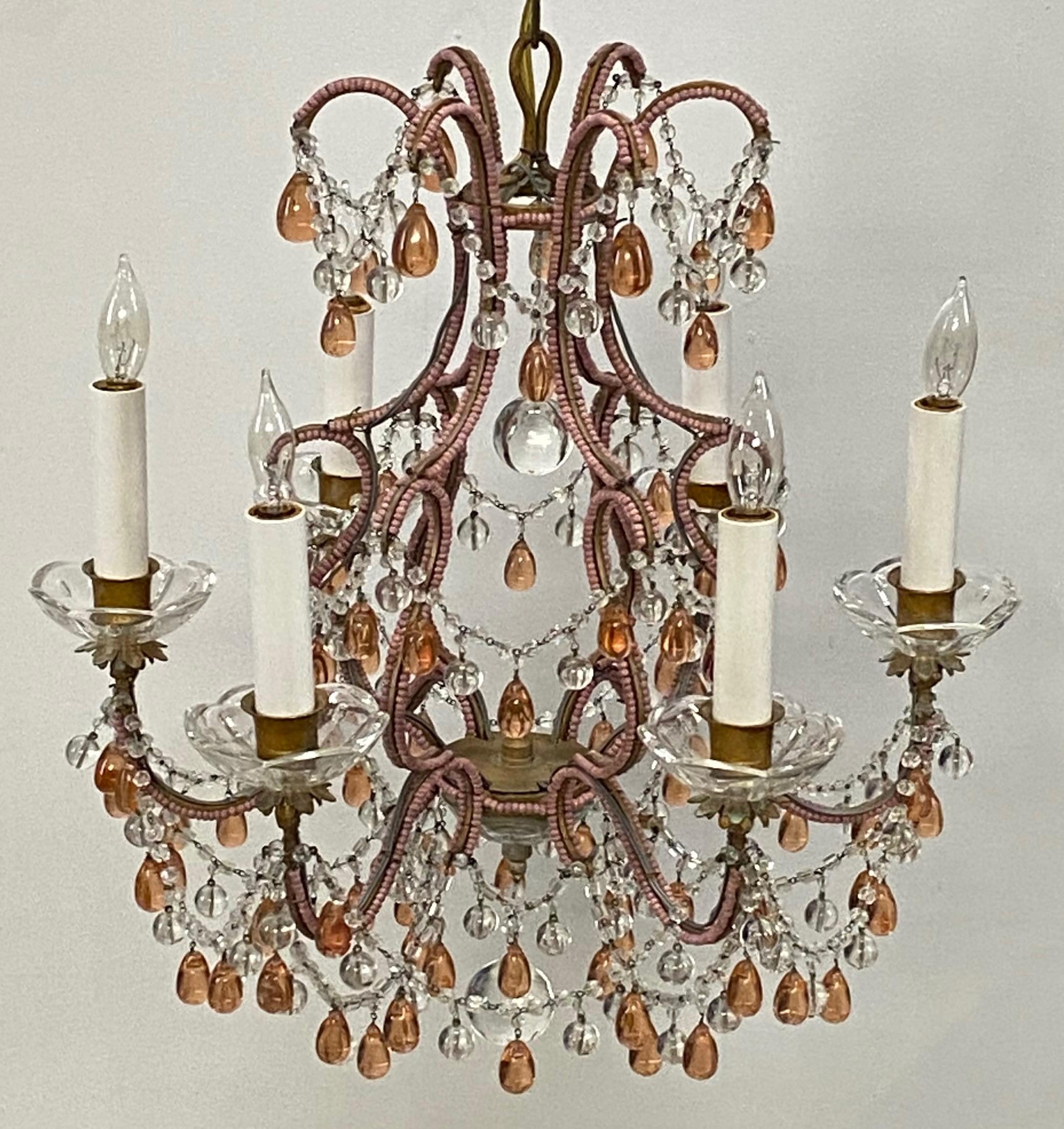 Champagne Pink Beaded Crystal and Glass Chandelier, Italy, circa 1950 1