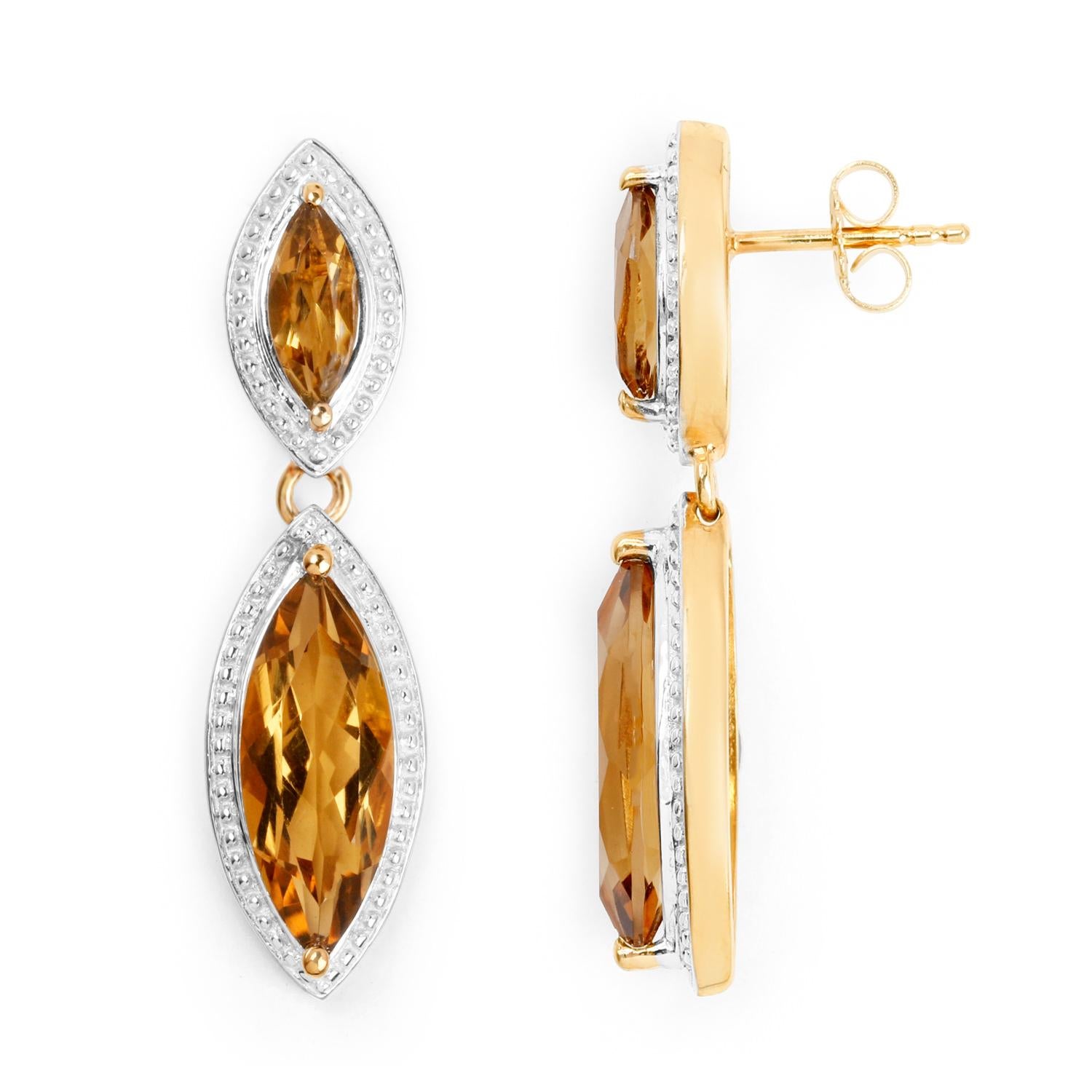 Women's or Men's Champagne Quartz Dangle Earrings 8.48 Carats 14K Yellow Gold Plated Sterling Sil For Sale