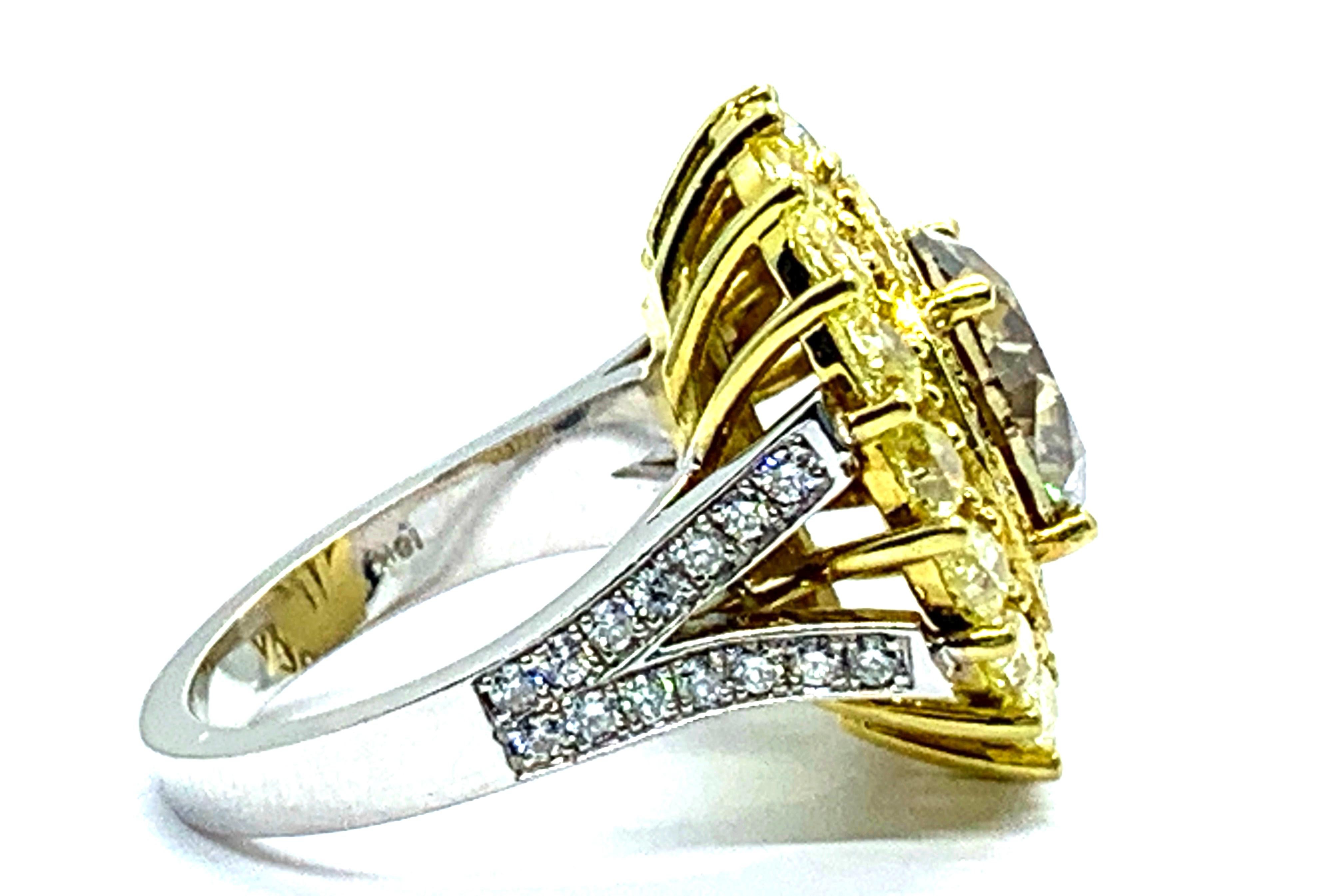 4 Carat Weight Round Champagne Ring
I1
9.9 mm
52 Rounds
E-F  VS
Approximately 3/4 Carat Weight
18 Pear Shape
Fancy Yellow   VS
Approximately 2 Total Carat Weight 
18k White Gold
Total Carat Weight is 6.75 Carats
Size 6 1/2


 


