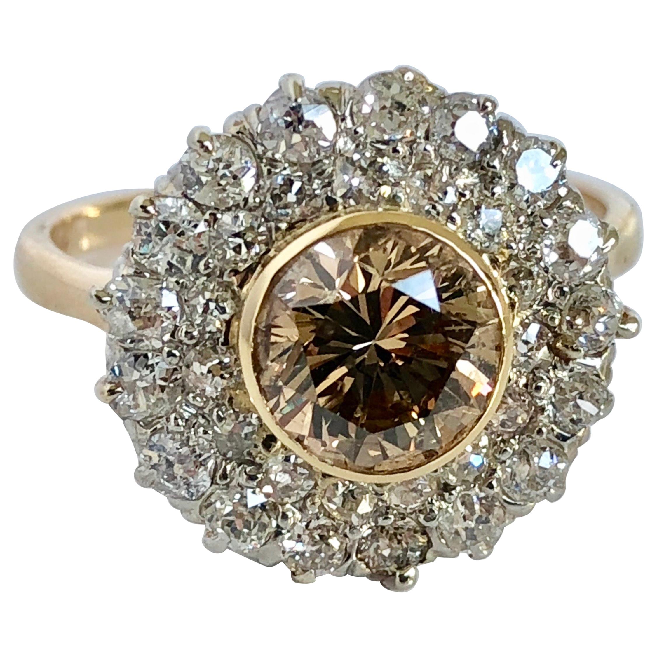 Champagne Round Brilliant Cut Diamond Engagement Ring With Double Halo 3.00ct TW For Sale