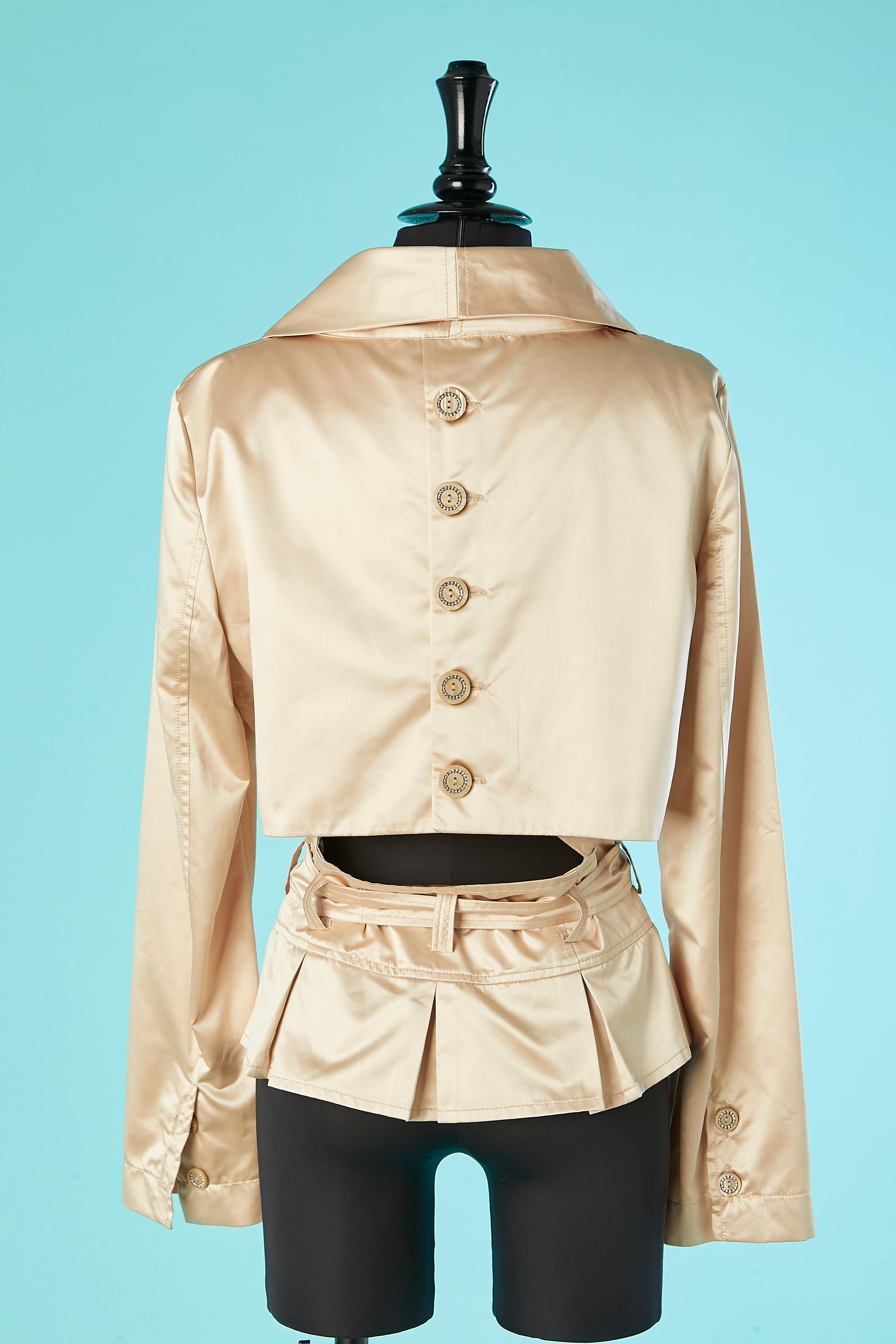 Champagne satin jacket with belt and rhinestone buttons JIKI Monté-Carlo  For Sale 1
