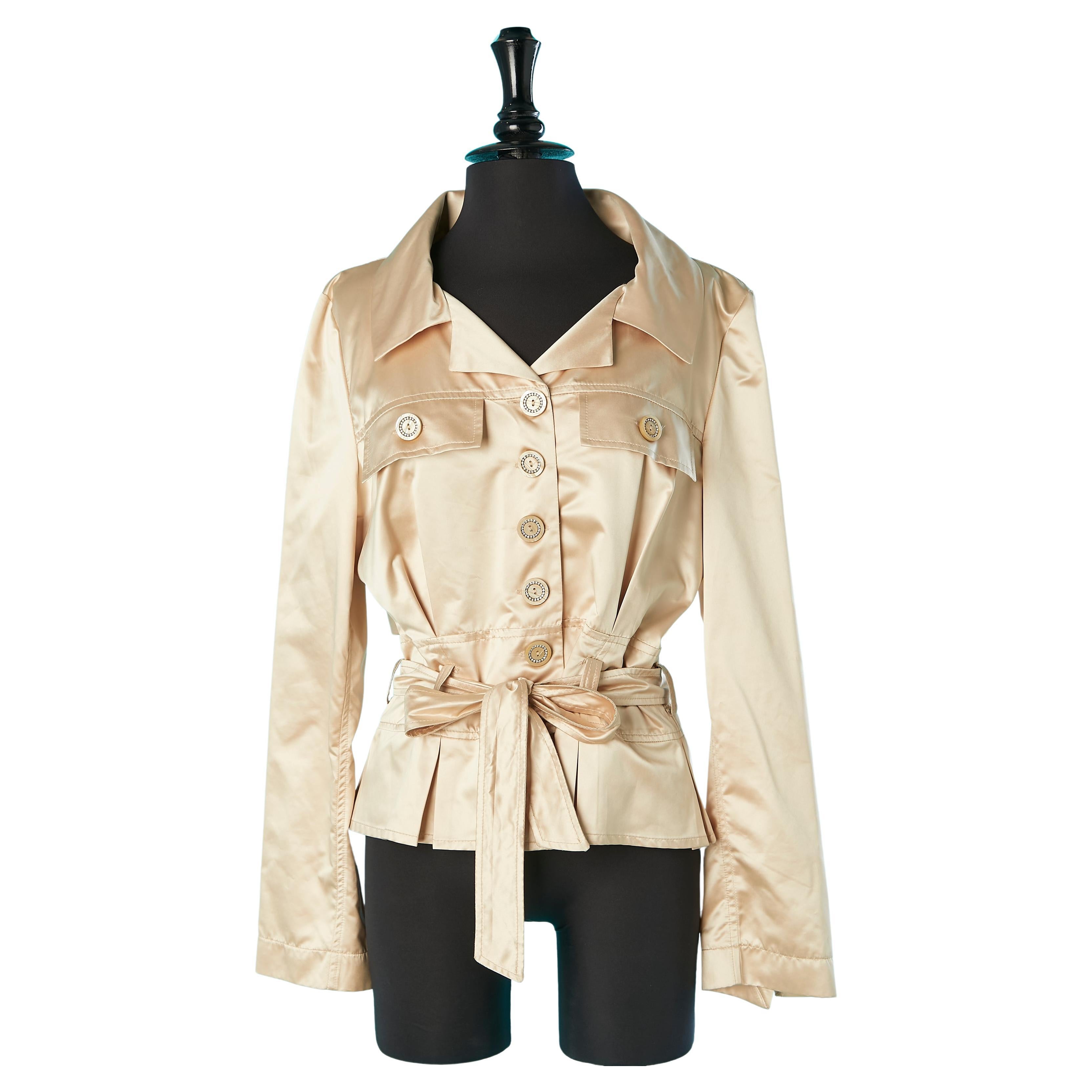 Champagne satin jacket with belt and rhinestone buttons JIKI Monté-Carlo  For Sale