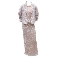 Champagne Sequin & Pearl 3 Piece Ensemble Dress With Jacket, C.1980