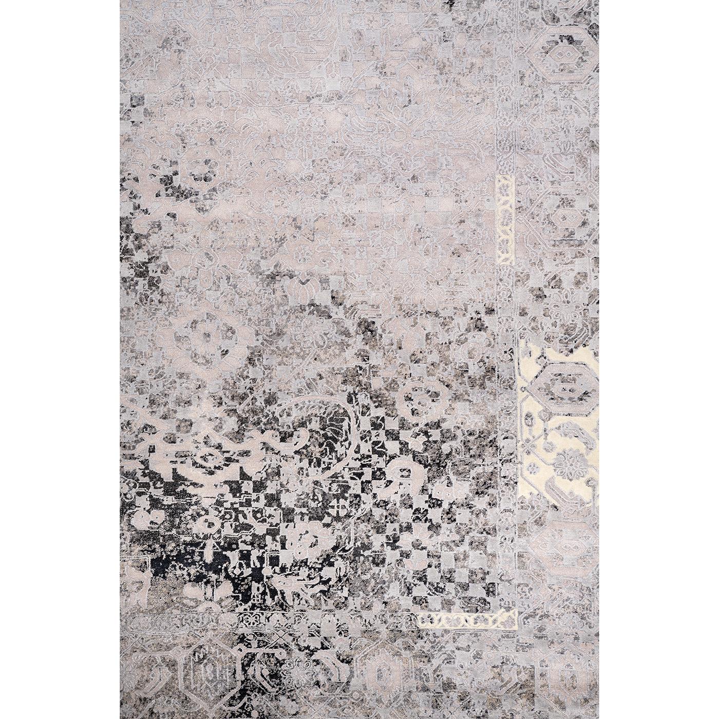 This exquisite rug will infuse a calm and quiet feeling into any space with its abstract design in predominantly light gray color with gentile shimmers of champagne color. Perfectly matching most interior palettes, this exquisite piece fashioned