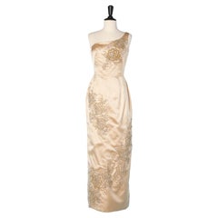 Champagne silk satin beaded asymmetrical evening dress GABY COUTURE  1960's 