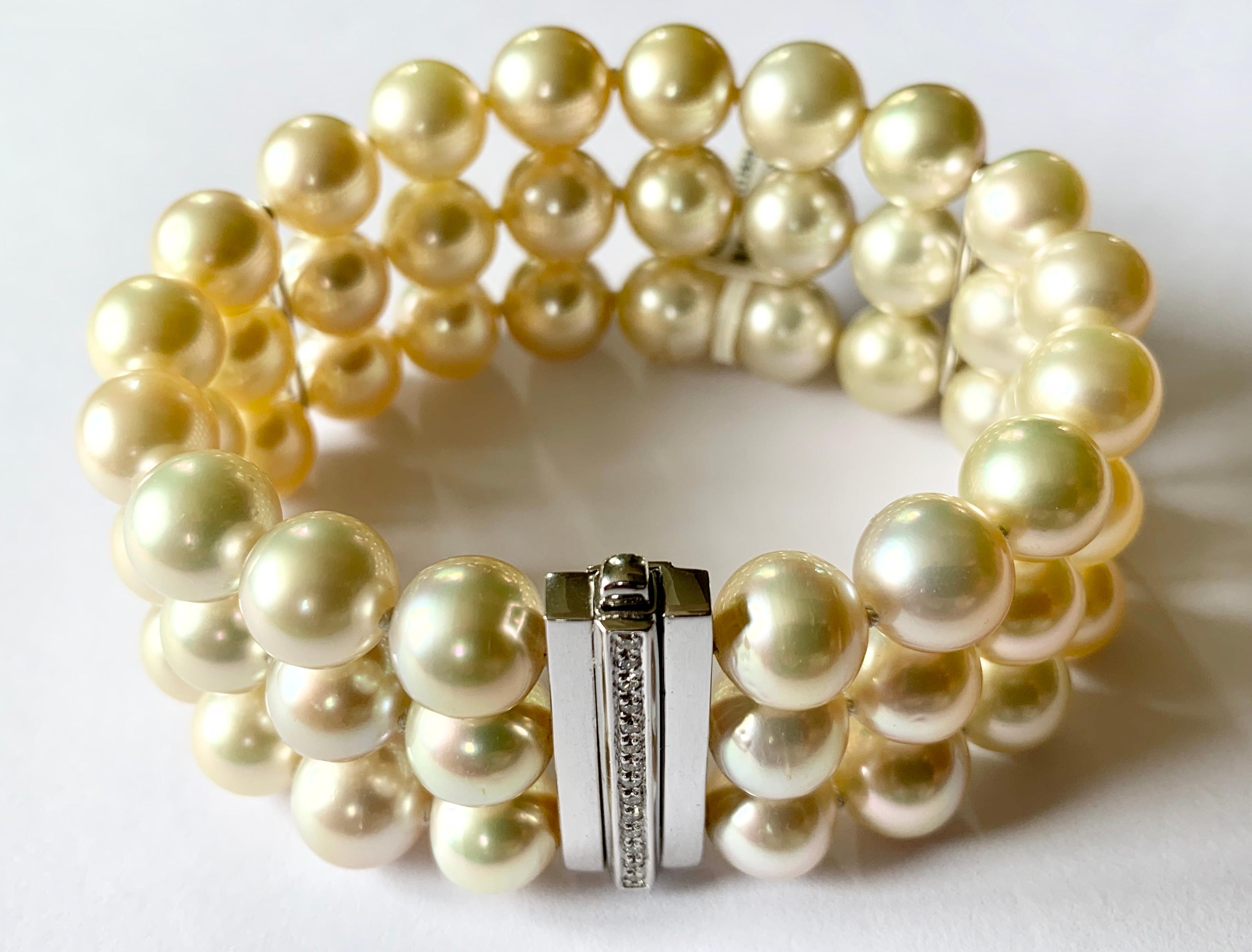Contemporary Champagne South Sea Pearl and Diamond 3-Row Bracelet in 18 Karat White Gold For Sale