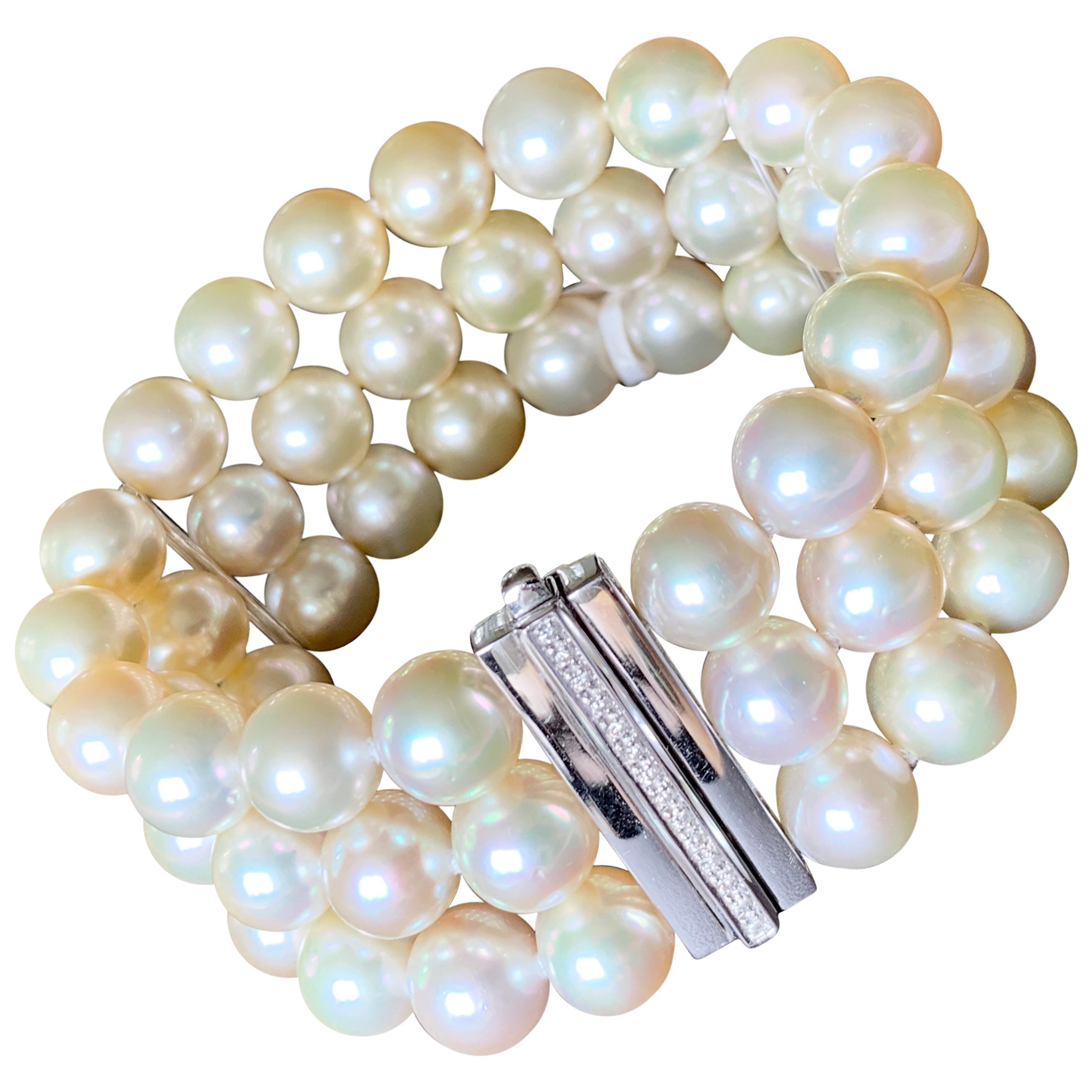 Champagne South Sea Pearl and Diamond 3-Row Bracelet in 18 Karat White Gold