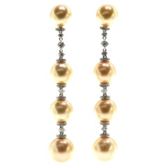 Vintage Champagne South Sea Pearl Diamond Dangle Earrings in 18 Karat White Gold