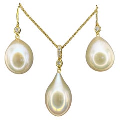 Champagne Teardrop Baroque Pearl Diamond Necklace 
Earrings Set 18K Yellow Gold