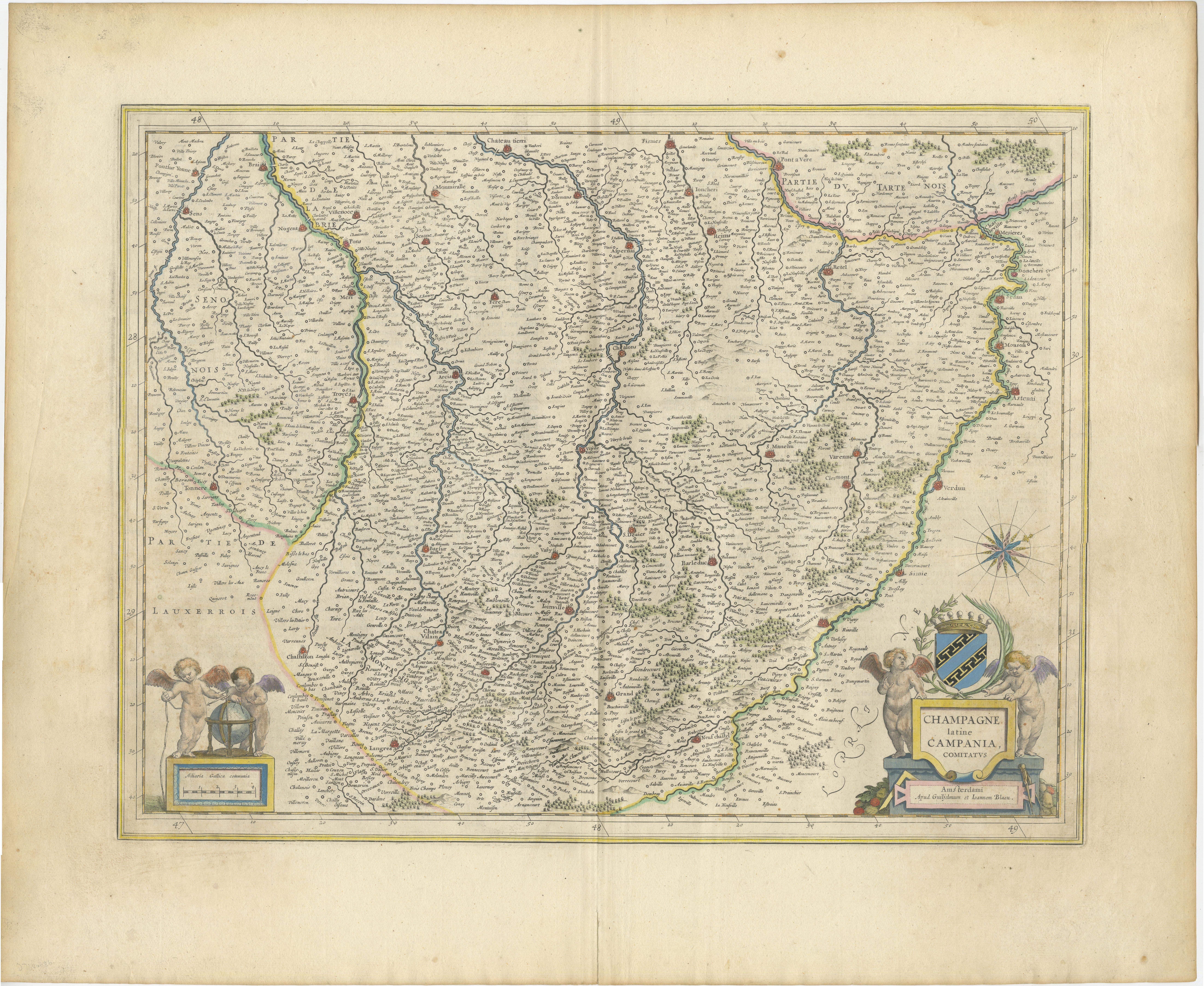Eine originale handkolorierte antike Karte, die die historische Region Champagne in Frankreich zeigt, die auf Lateinisch als 