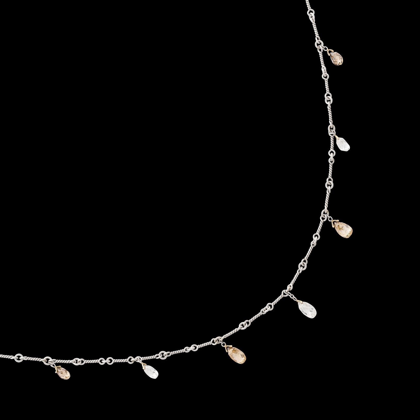 Champagne & White Briolette Diamond Platinum Necklace In Excellent Condition For Sale In San Francisco, CA
