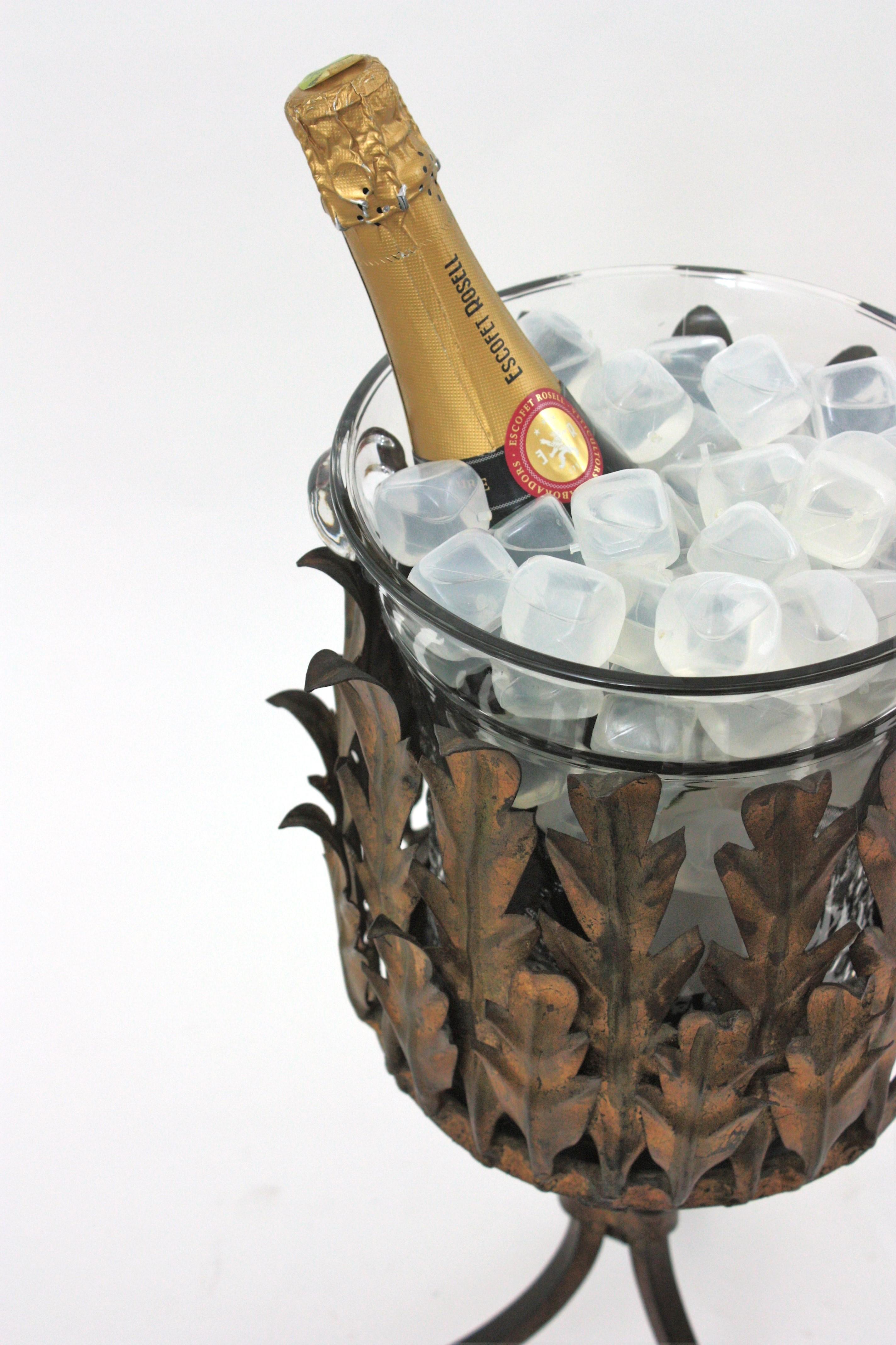 Verre Seau à glace pour refroidisseur de vin de Champagne / Support pour boissons en fer doré et verre en vente