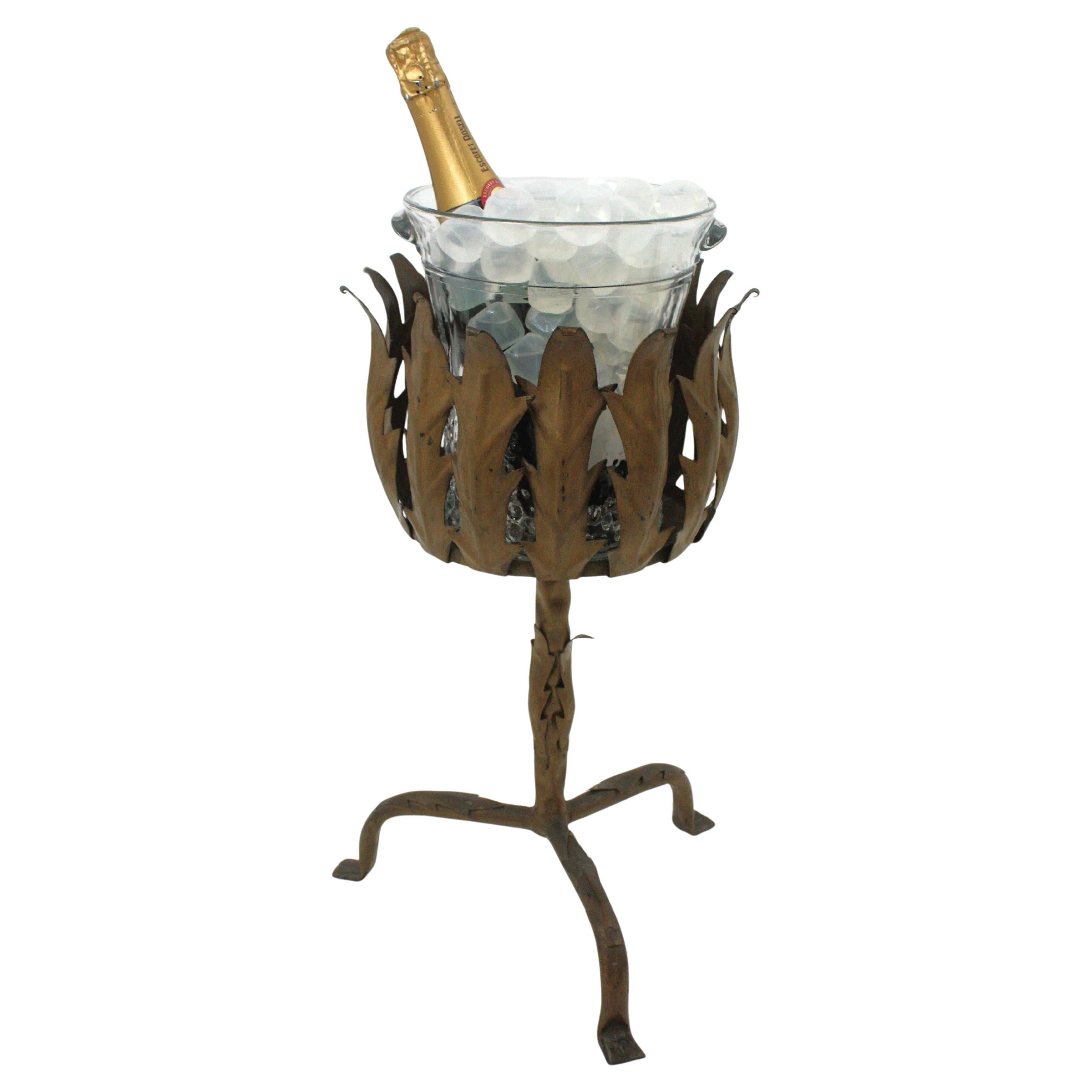 Champagner-Weinkühler Eiskübelständer aus vergoldetem Eisen und Glas, Spanien 1950er Jahre