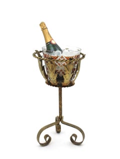 Champagne Wine Cooler Ice Bucket with Stand in Gilt Iron & Faceted Crystal
