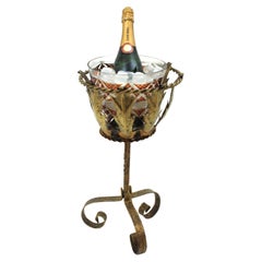 Secchiello per vino Champagne con supporto in ferro dorato e cristallo sfaccettato