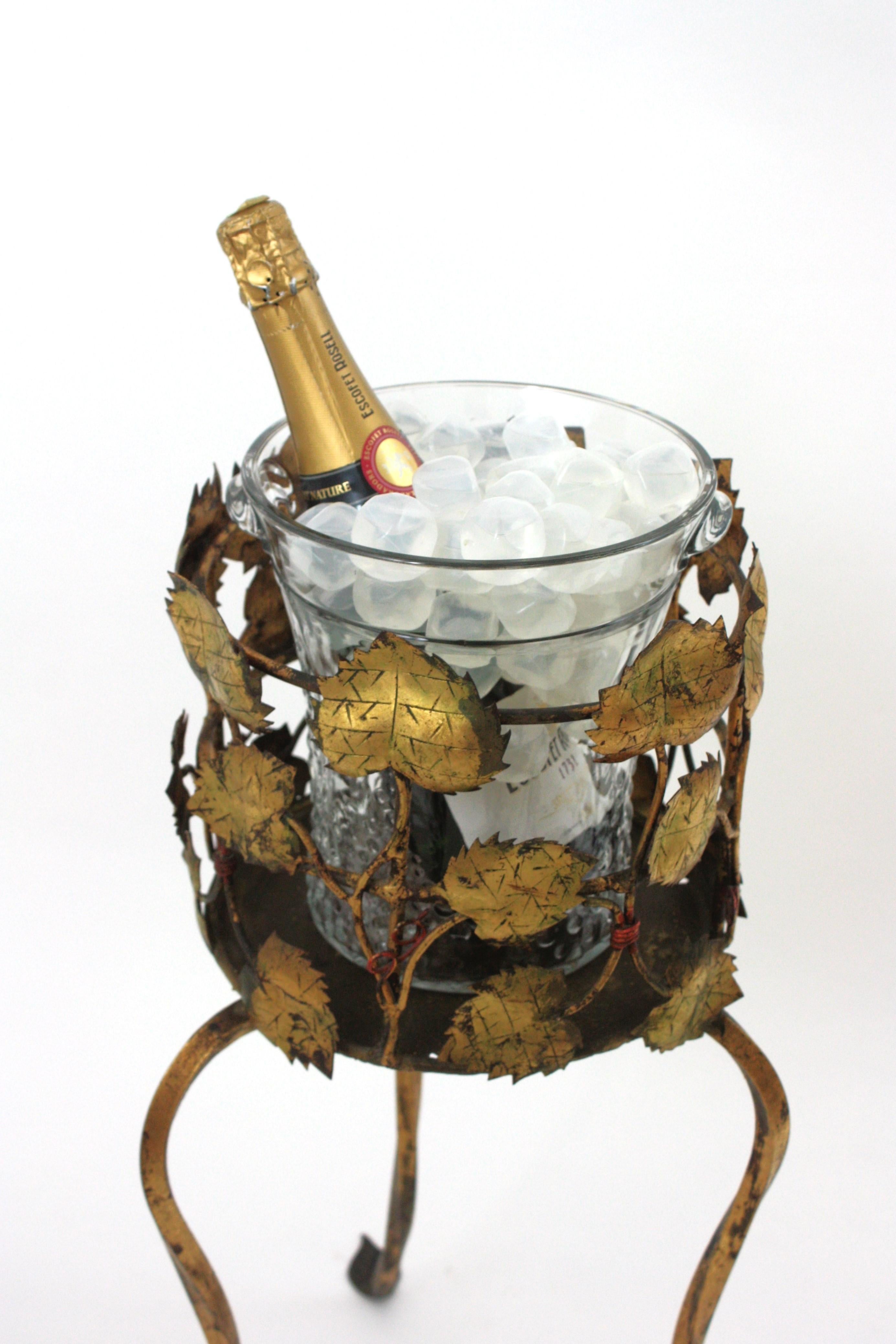 Hollywood Regency Champagne Wine Cooler Stand Ice Bucket / Drinks Stand, Foliage Design, Gilt Iron For Sale