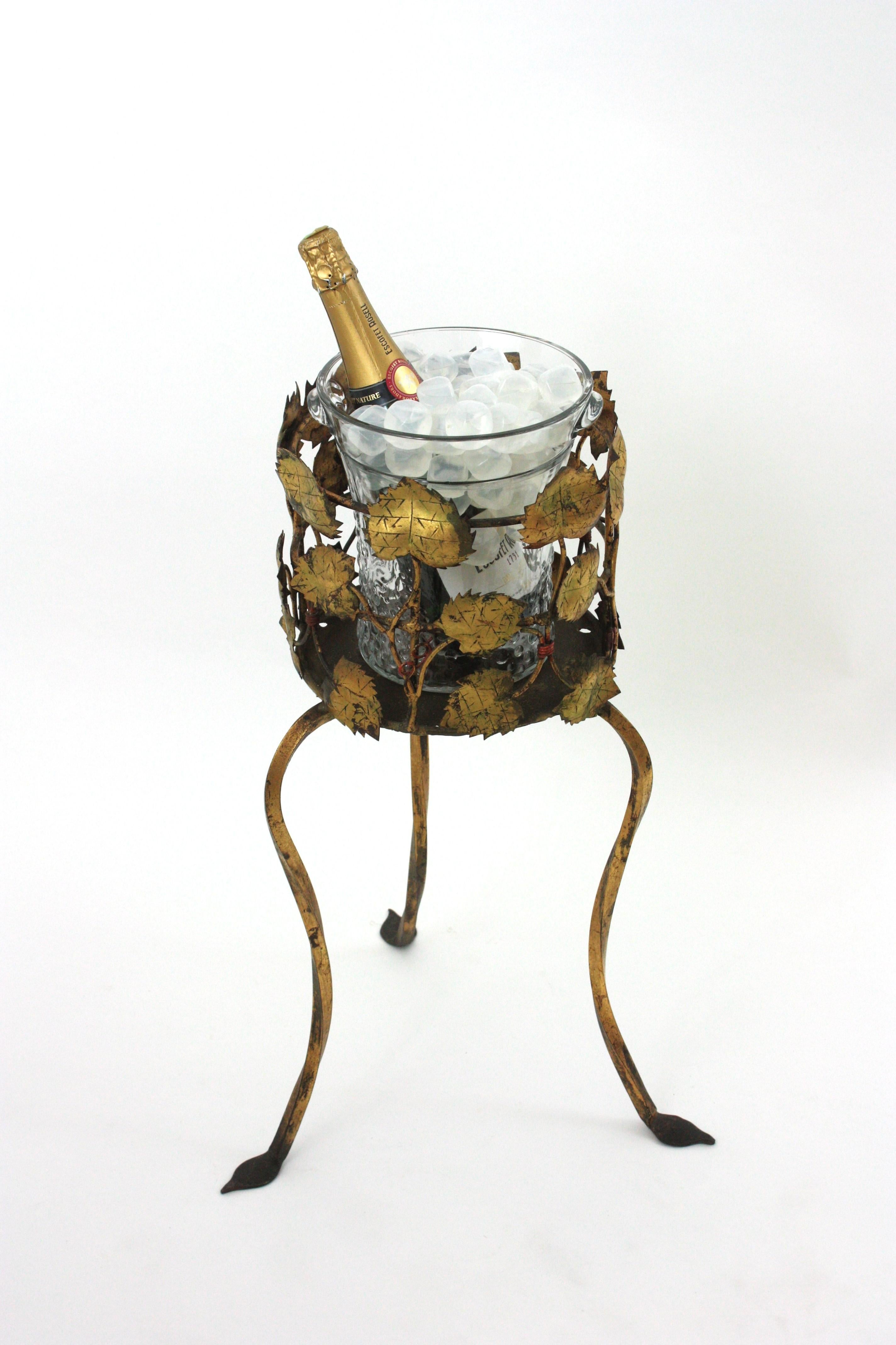 Glass Champagne Wine Cooler Stand Ice Bucket / Drinks Stand, Foliage Design, Gilt Iron For Sale