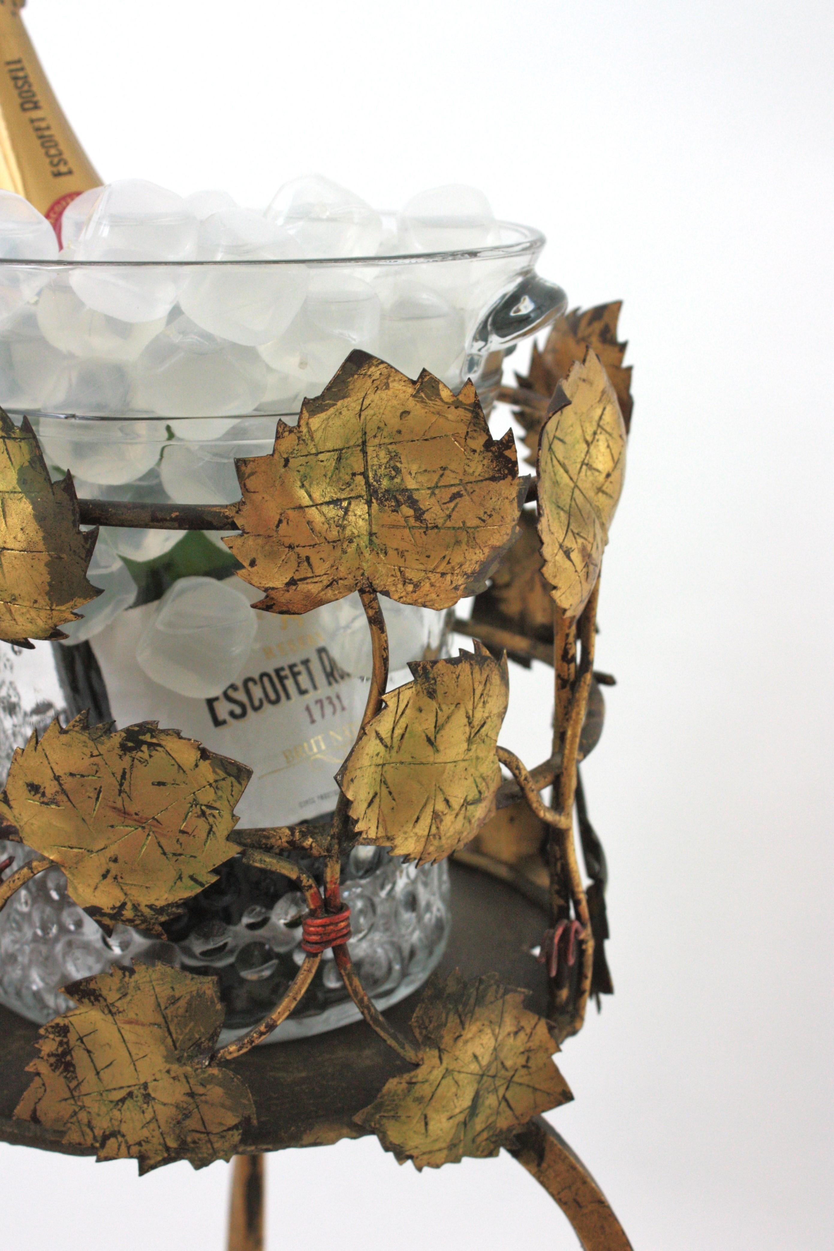 Champagne Wine Cooler Stand Ice Bucket / Drinks Stand, Foliage Design, Gilt Iron For Sale 1