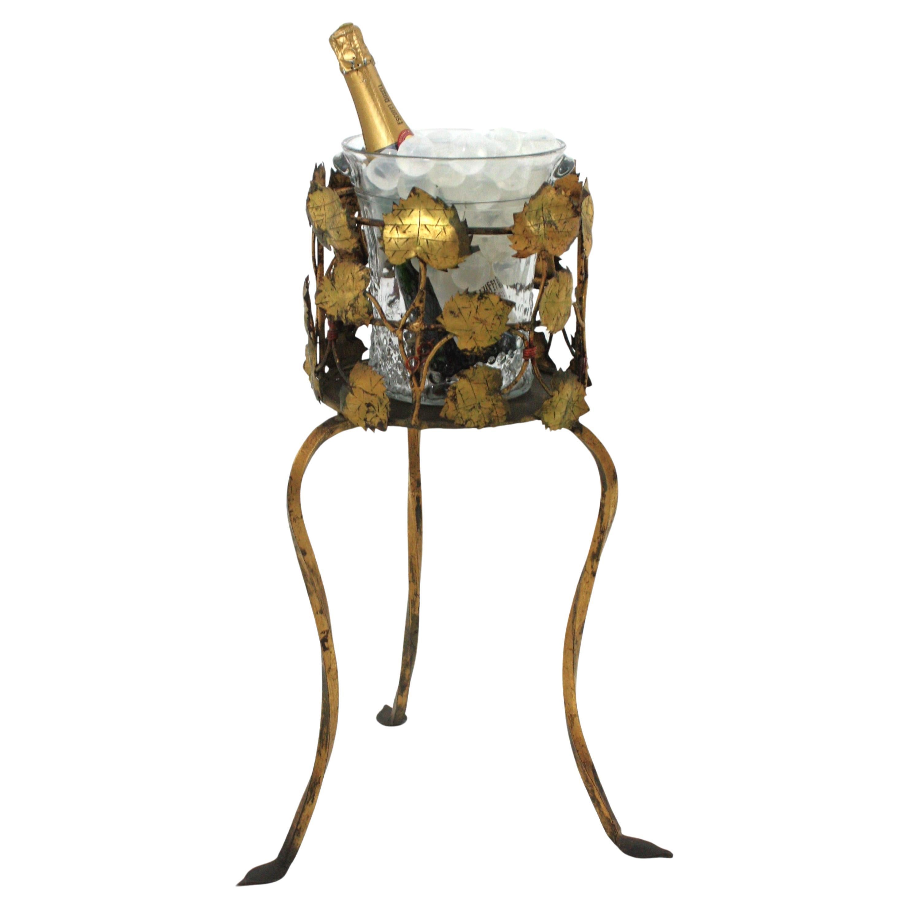 Champagne Wine Cooler Stand Ice Bucket / Drinks Stand, Foliage Design, Gilt Iron For Sale