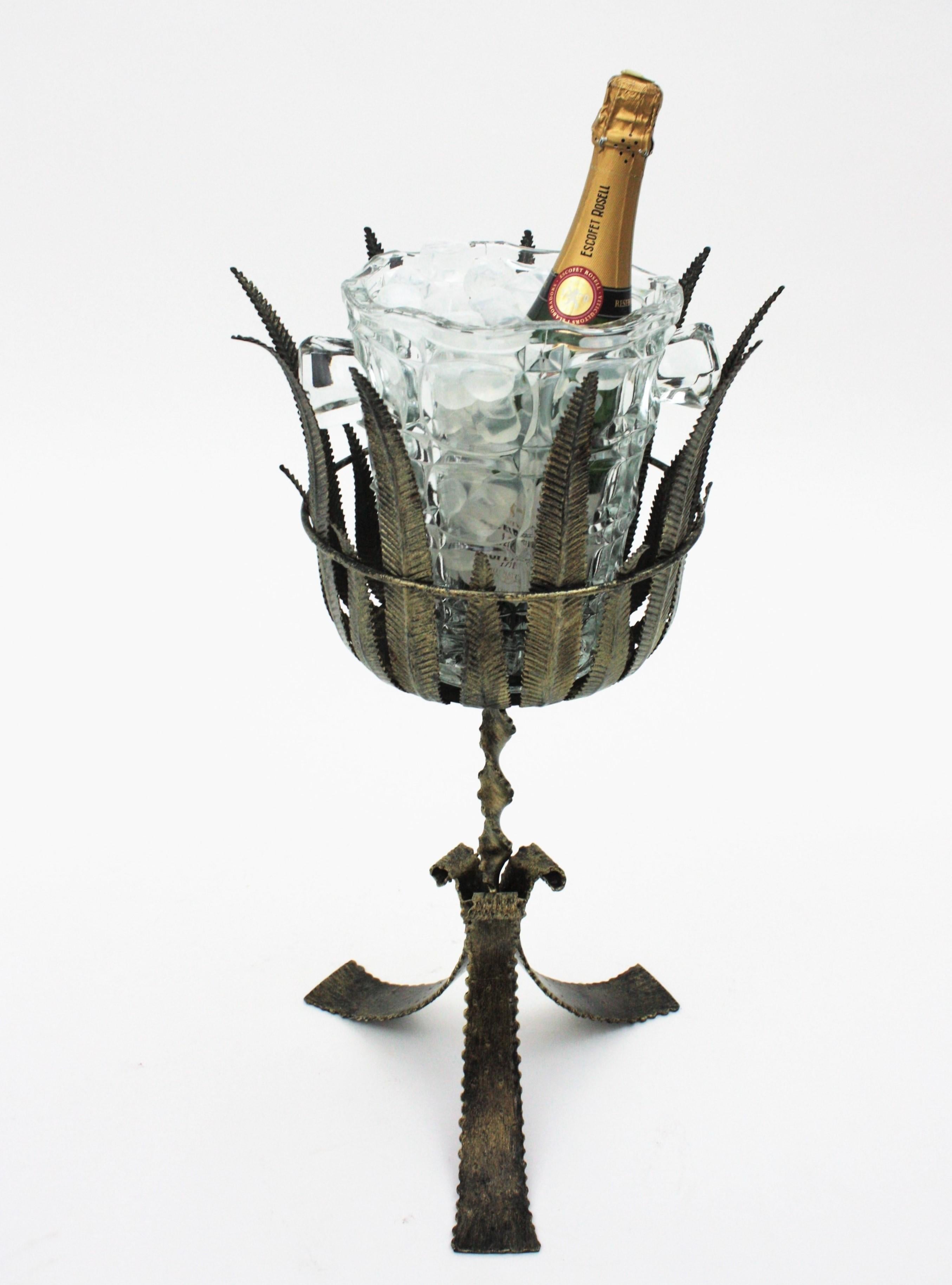 Mirror Champagne Wine Cooler Stand Ice Bucket / Drinks Stand, Gilt Silver Iron & Glass For Sale