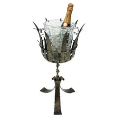 Champagne Wine Cooler Stand Ice Bucket / Drinks Stand, Gilt Silver Iron & Glass