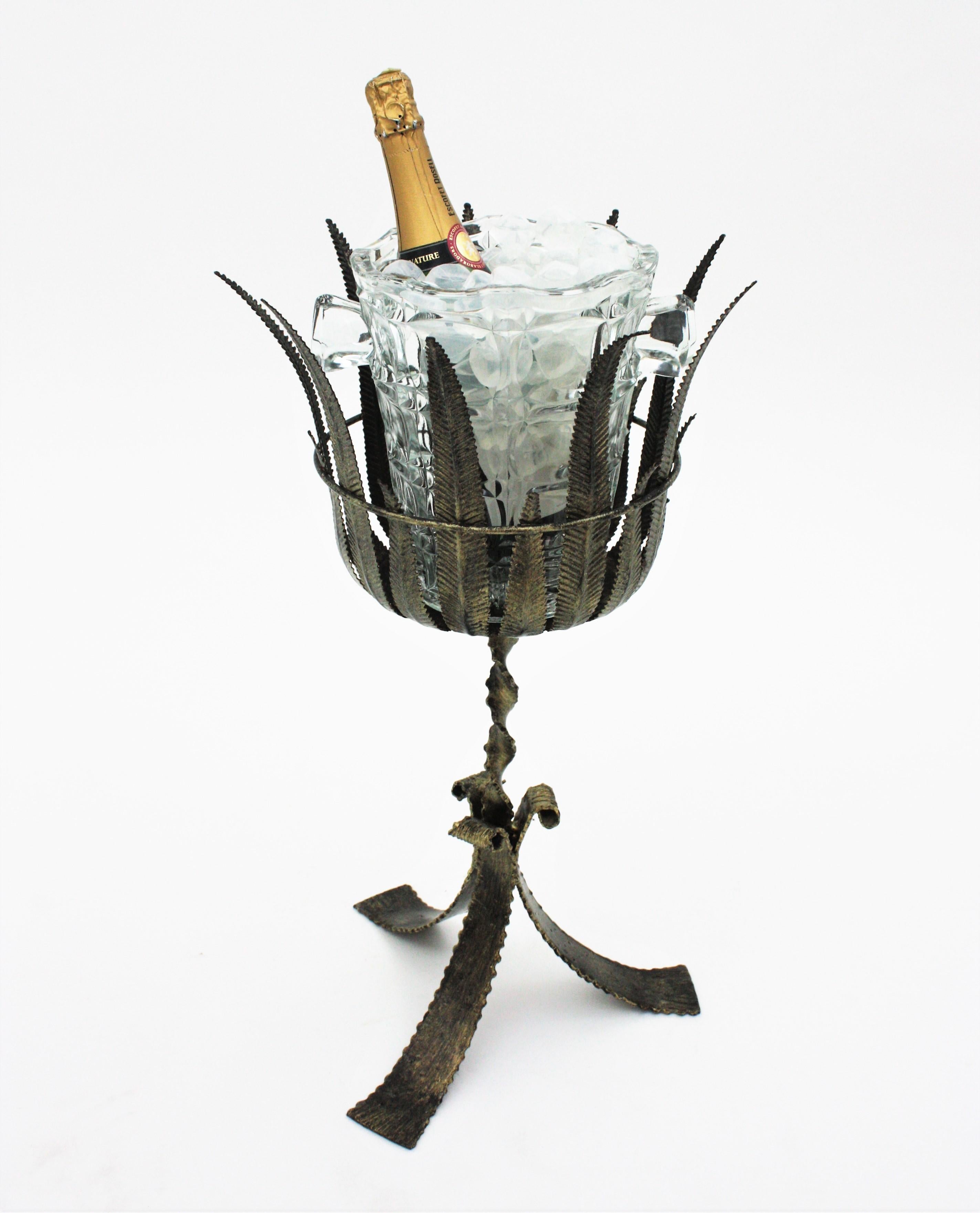 Spanish Champagne Wine Cooler Stand Ice Bucket / Drinks Stand, Gilt Silver Iron & Glass For Sale