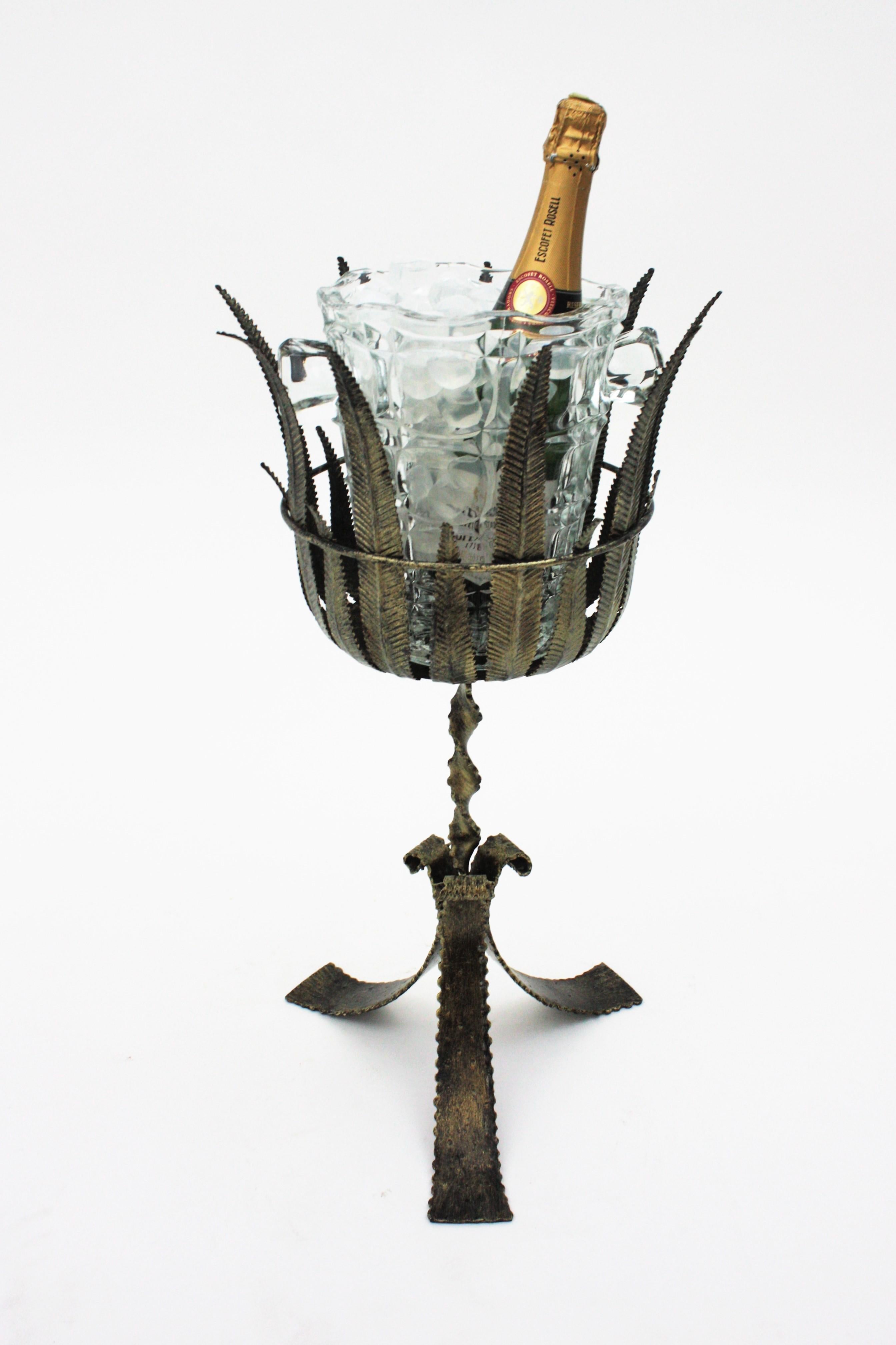 20th Century Champagne Wine Cooler Stand Ice Bucket / Drinks Stand, Gilt Silver Iron & Glass For Sale