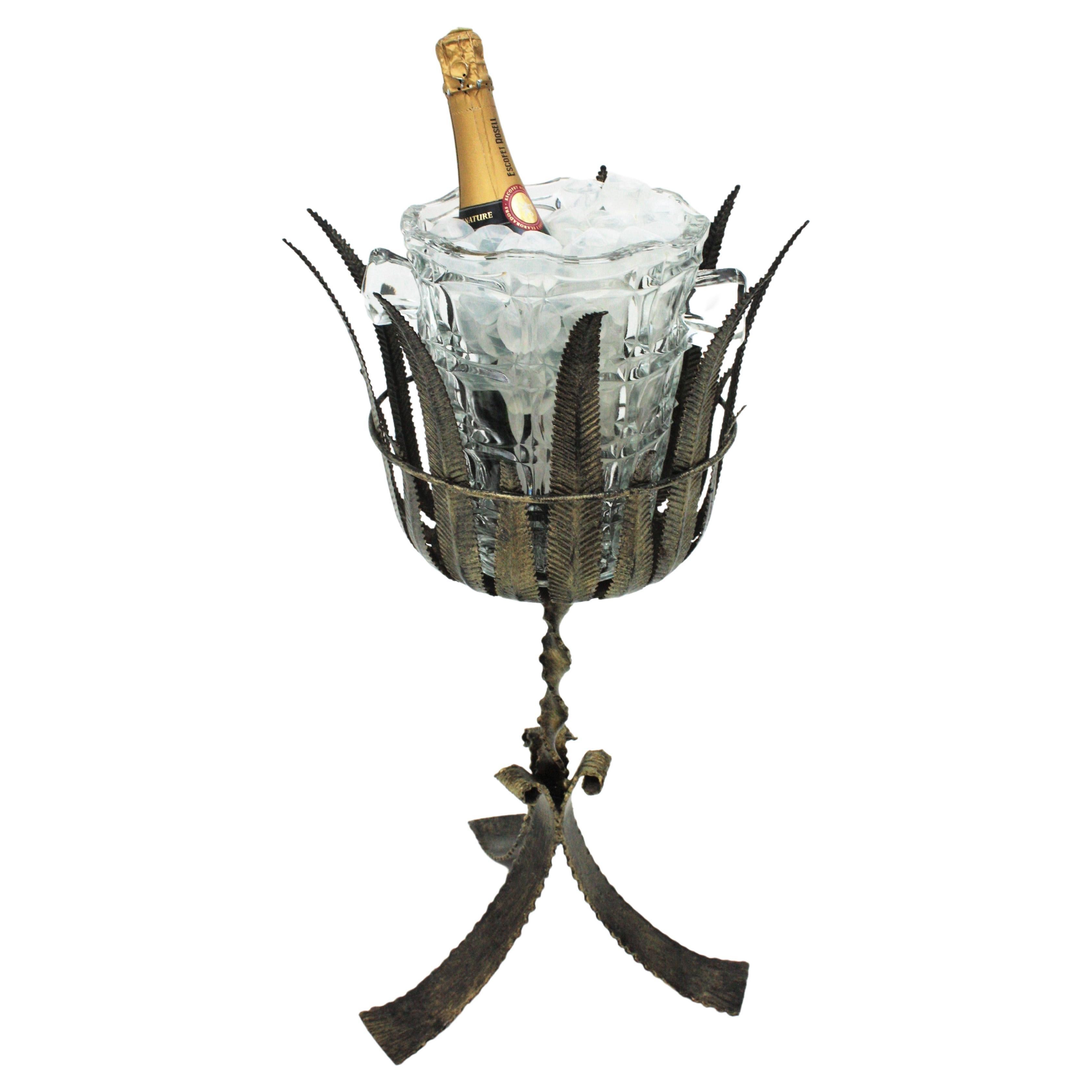 Champagne Wine Cooler Stand Ice Bucket / Drinks Stand, Gilt Silver Iron & Glass For Sale