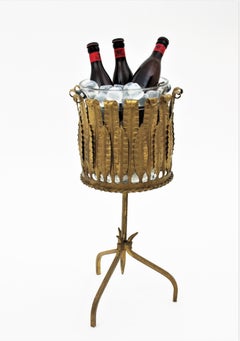 Champagne Wine Cooler Stand Ice Bucket / Drinks Stand in Gilt Iron and Glass