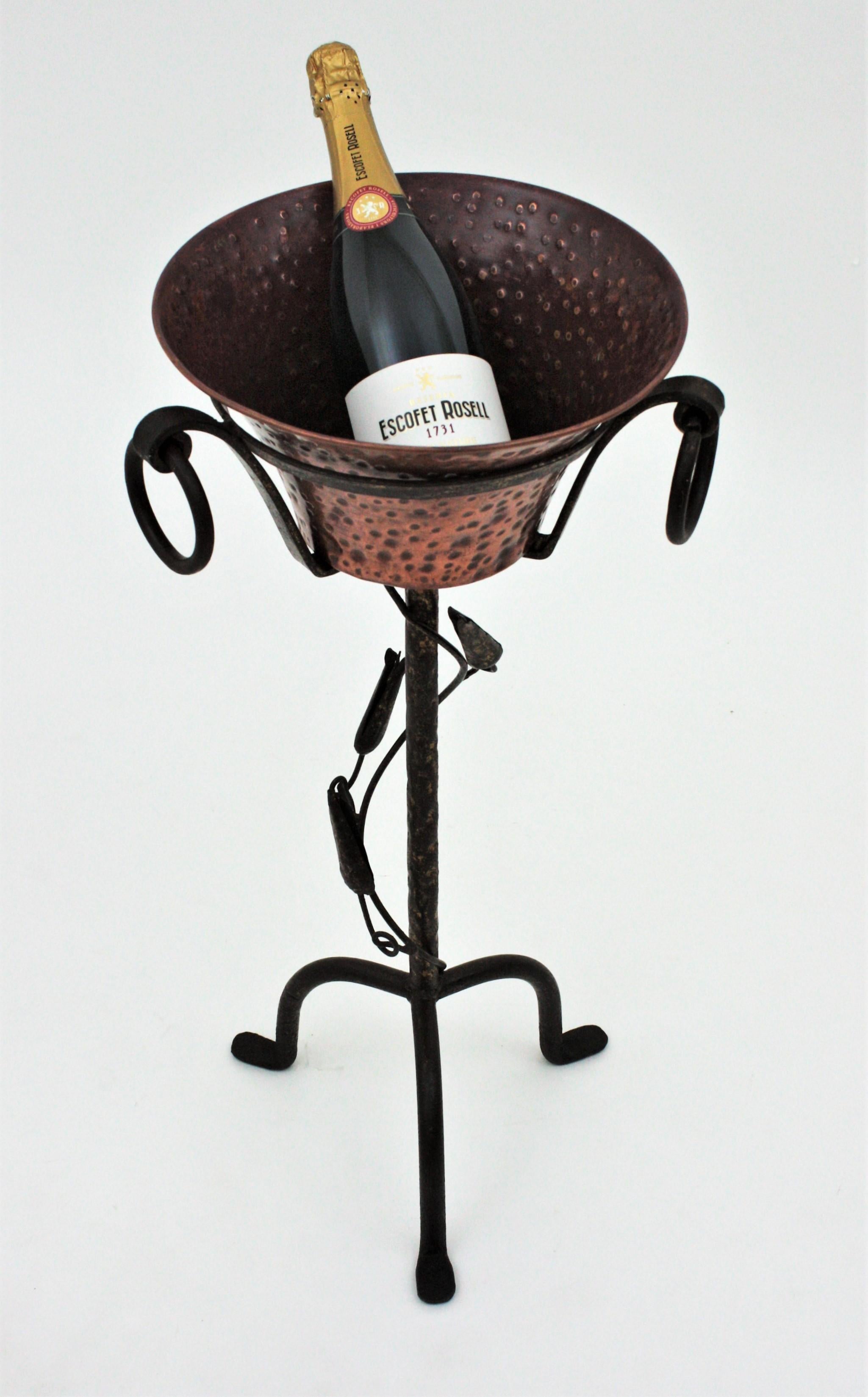 Champagne or Wine Cooler Stand Serving Bucket in Hand Forged Iron and Copper 1