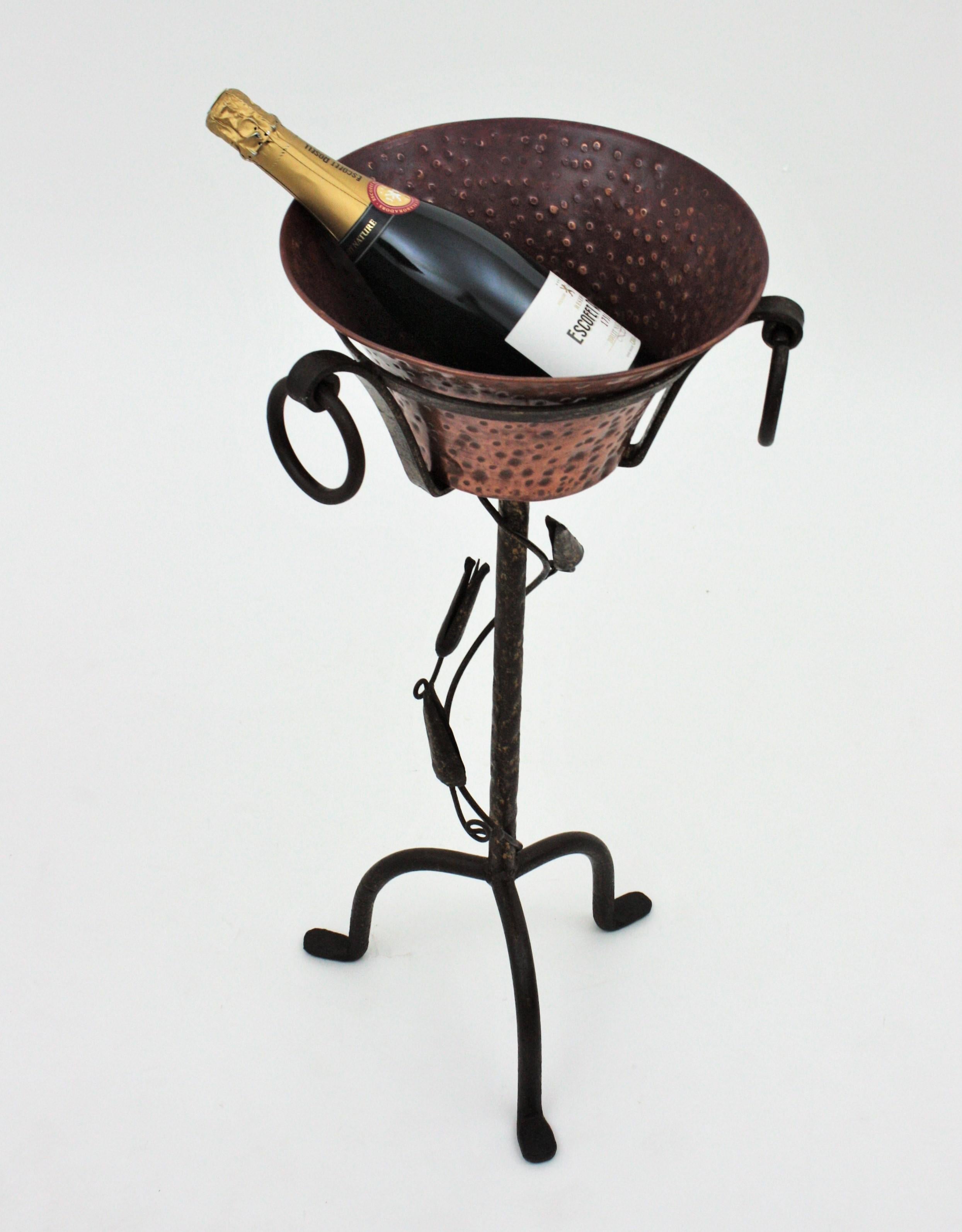 Champagne or Wine Cooler Stand Serving Bucket in Hand Forged Iron and Copper 6