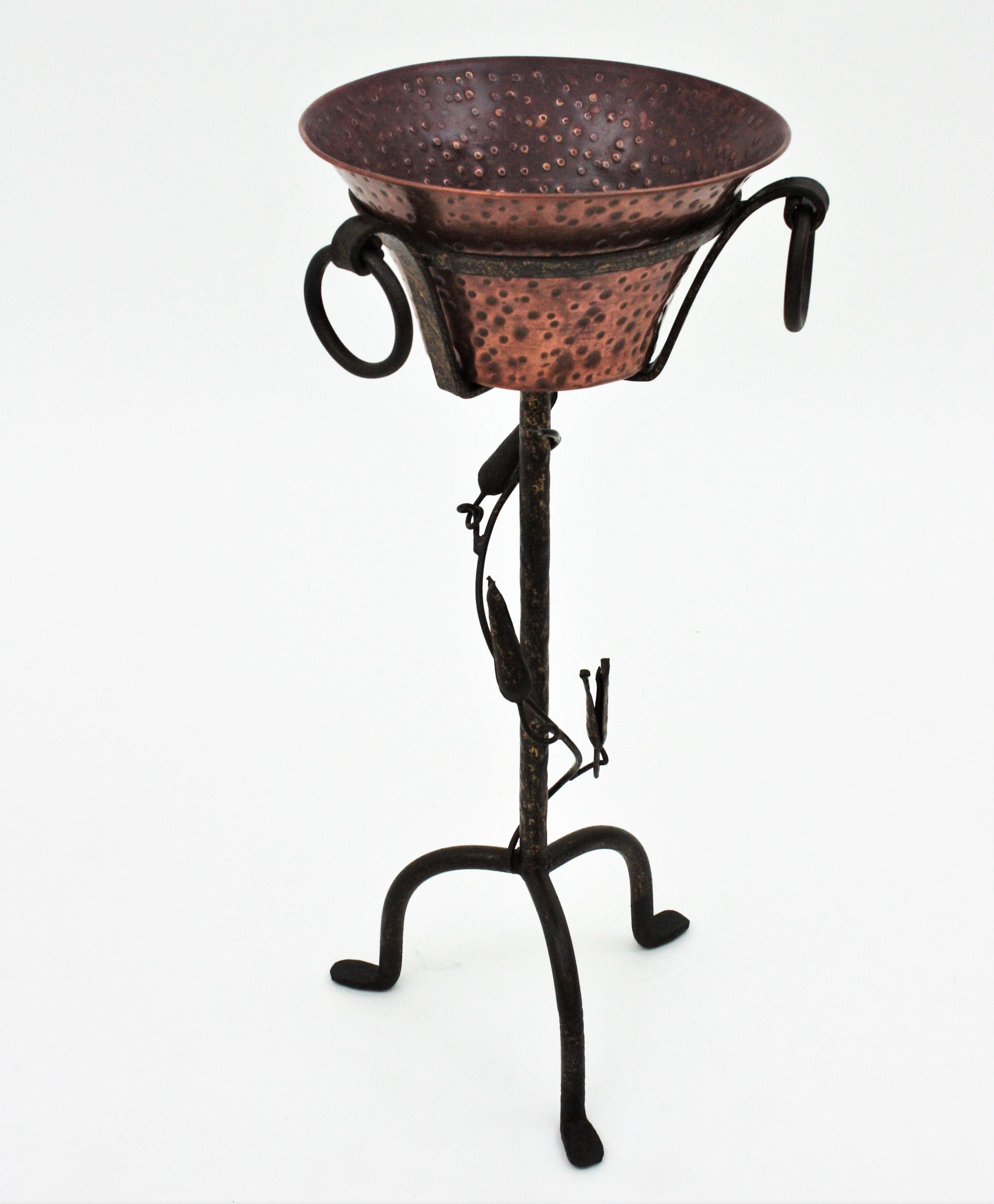 Spanish Champagne or Wine Cooler Stand Serving Bucket in Hand Forged Iron and Copper